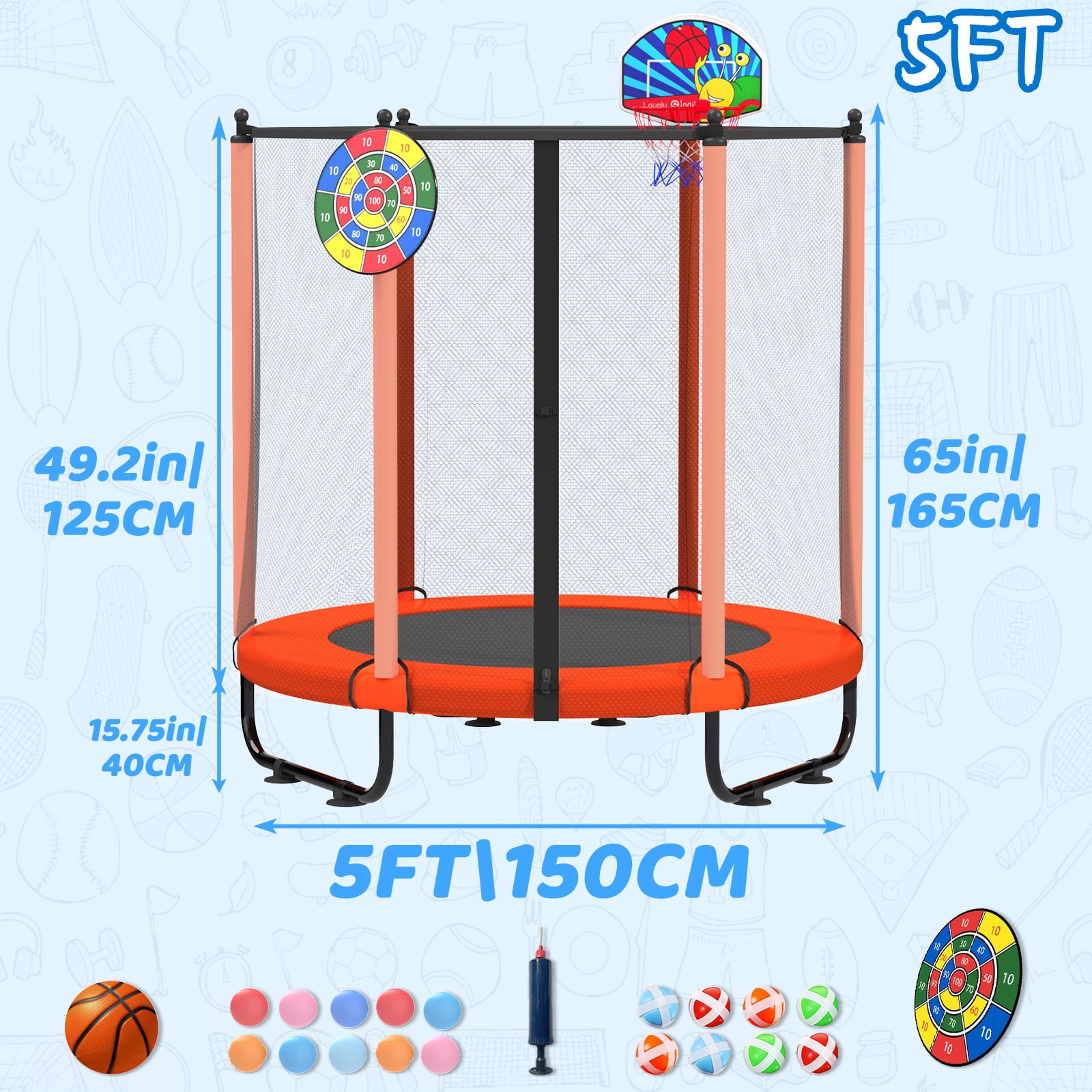 ACWARM HOME 60 in Toddler Trampoline with Safety Net and Basketball Hoop (Orange, 5 ft) p407q