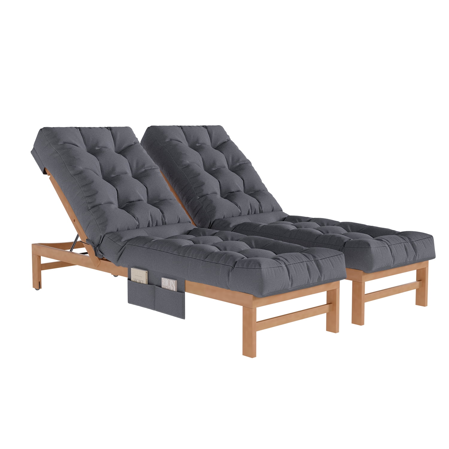 BaPiPro Outdoor Chaise Lounge Cushion with Side Pocket and Non-Slip Fixation (Gray, 2-Pack) plspn