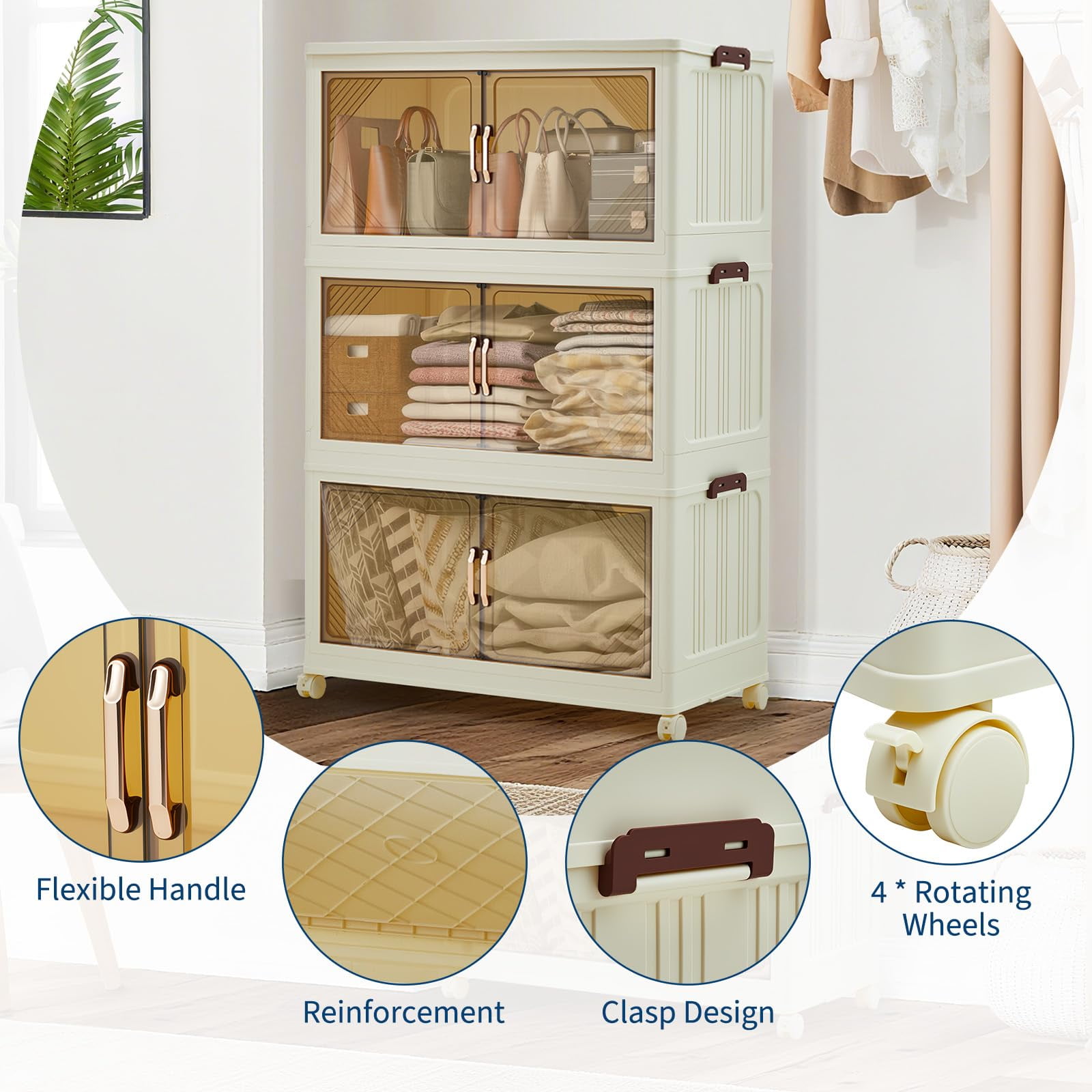 GOGRANT 3-Tier Stackable Storage Bins with Magnetic Doors and Wheels (Transparent Brown, 144QT) la7nw