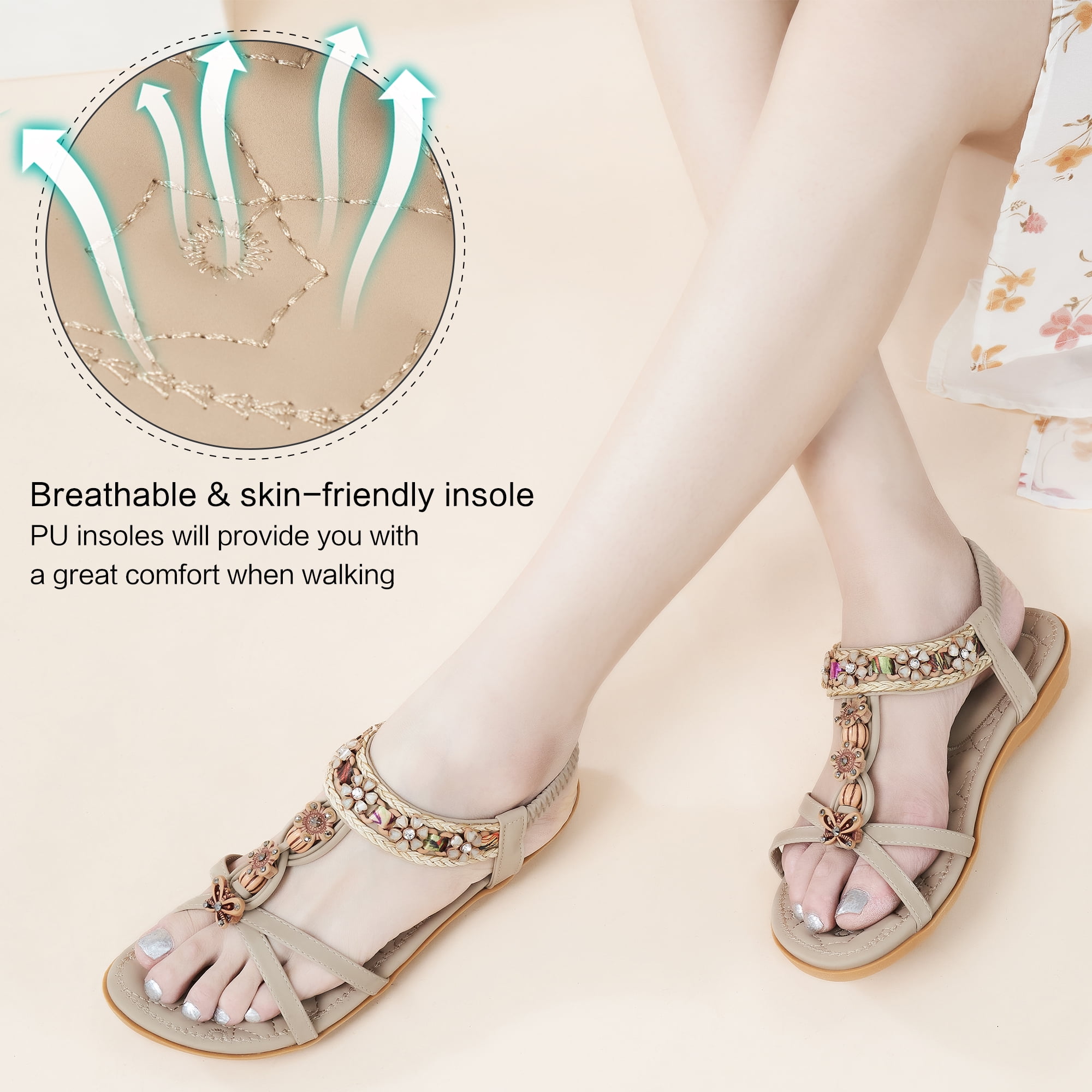 Ablanczoom Womens Beaded Flat Sandals Arch Support Comfortable Summer Beach Shoes (Beige, 8) 7wcki
