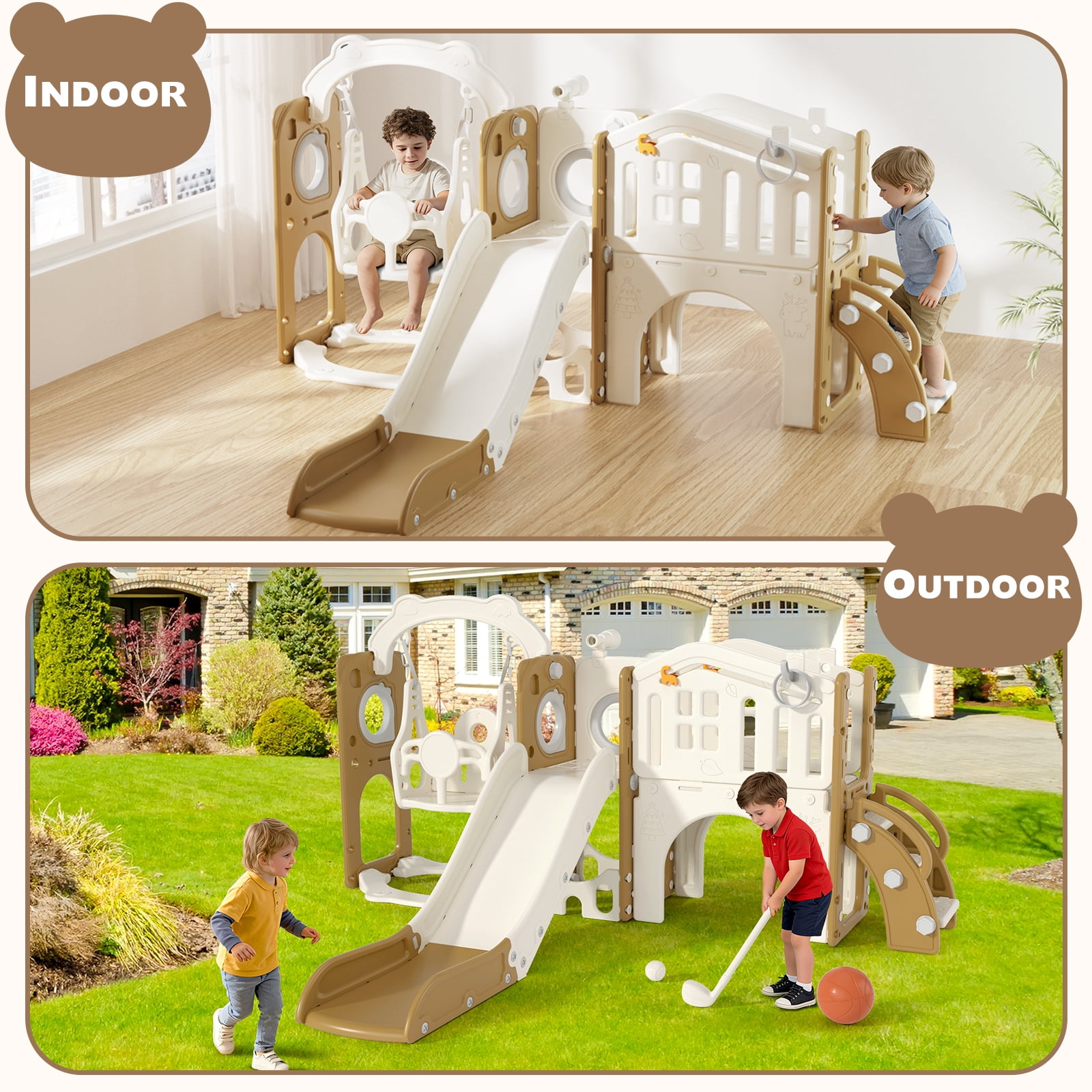 XJD 11-in-1 Toddler Slide and Swing Set, Indoor Outdoor Playground Playset with Basketball Hoop and Climbing Zone (Coffee, 1 Unit) hvqr9