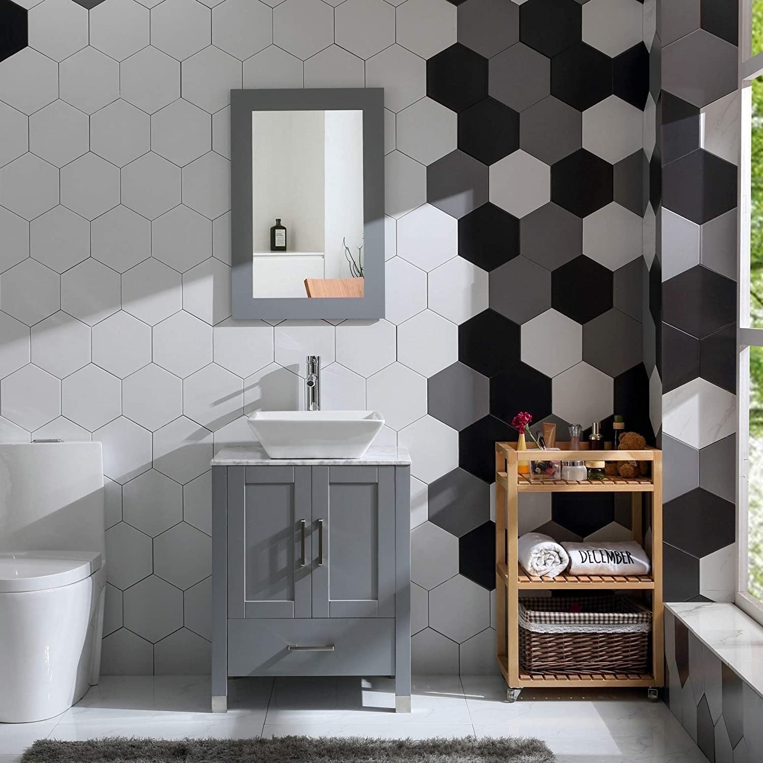 Goodyo 24 in Bathroom Vanity and Sink Combo with Marble Pattern Top, Mirror, and Faucet (Gray, 24 in) a4idm