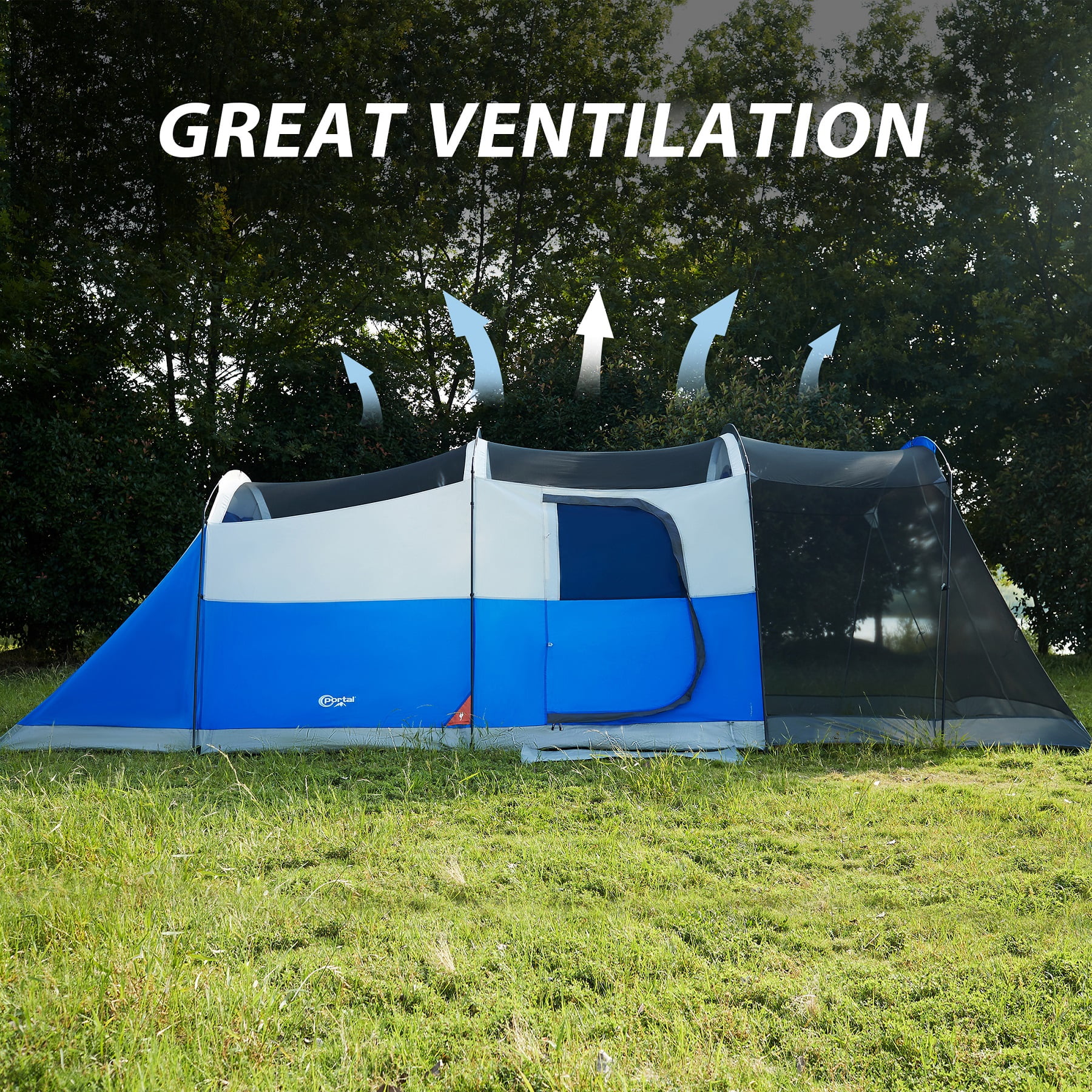 Portal 8 Person Camping Tent, Large Cabin Tent with Screen Porch and Rainfly (Blue, 20ft x 8ft x 74in) f2xnv