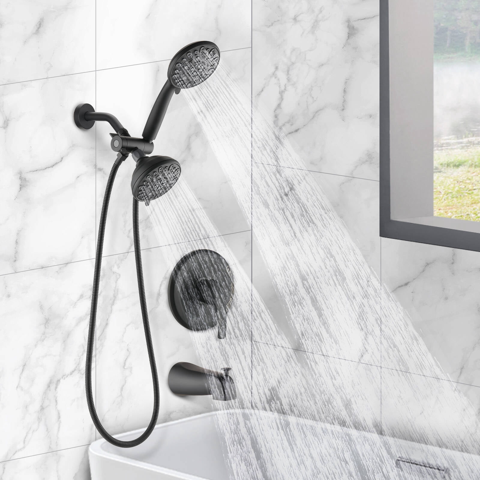 PROOX High Pressure Dual 2-in-1 Rain Shower Head and Handheld Combo Set with Bathtub Spout (Black, 5 in) dp801