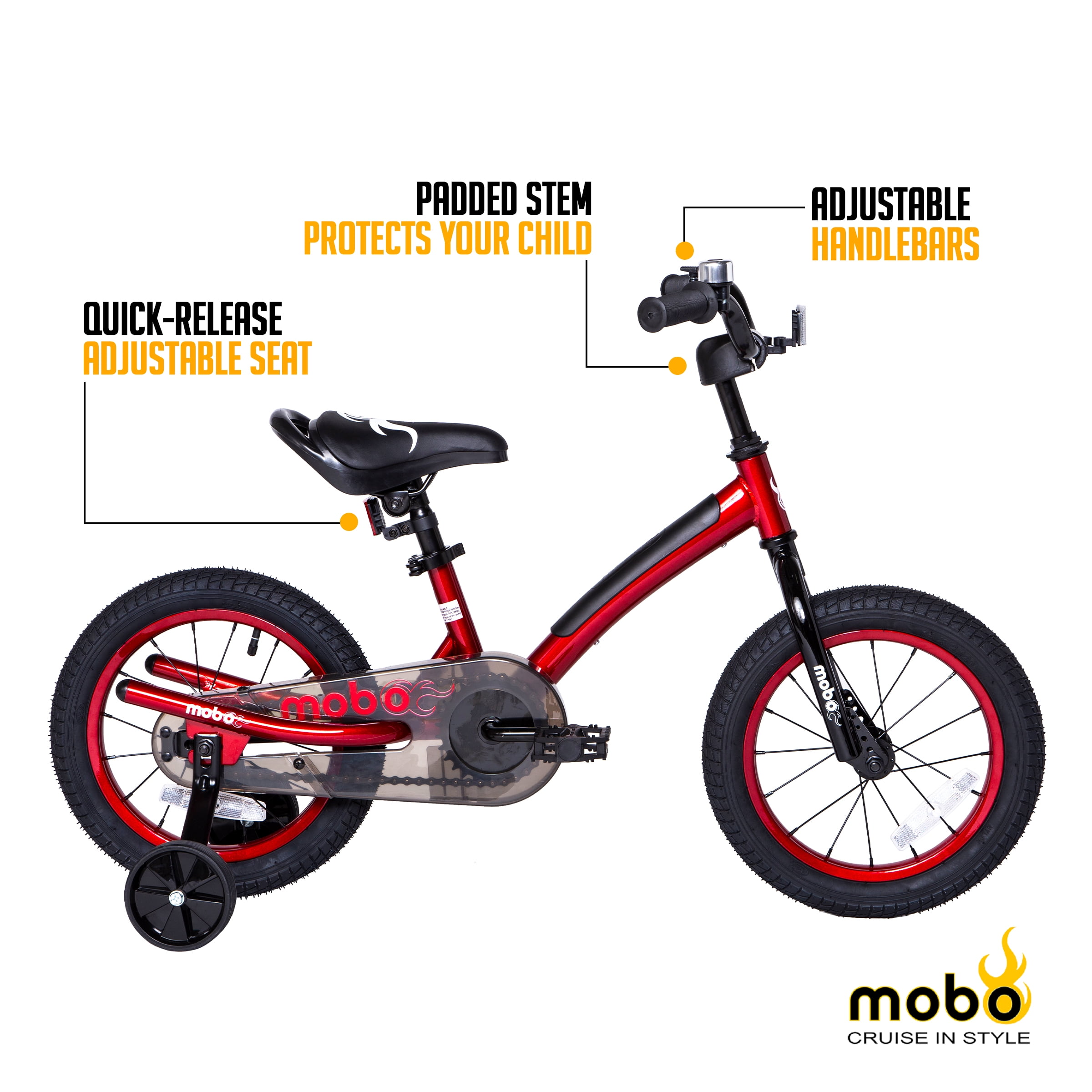 Mobo Kids Bike with Training Wheels for Toddlers, Adjustable Handlebars and Seat (Red, 14 in) lvavm