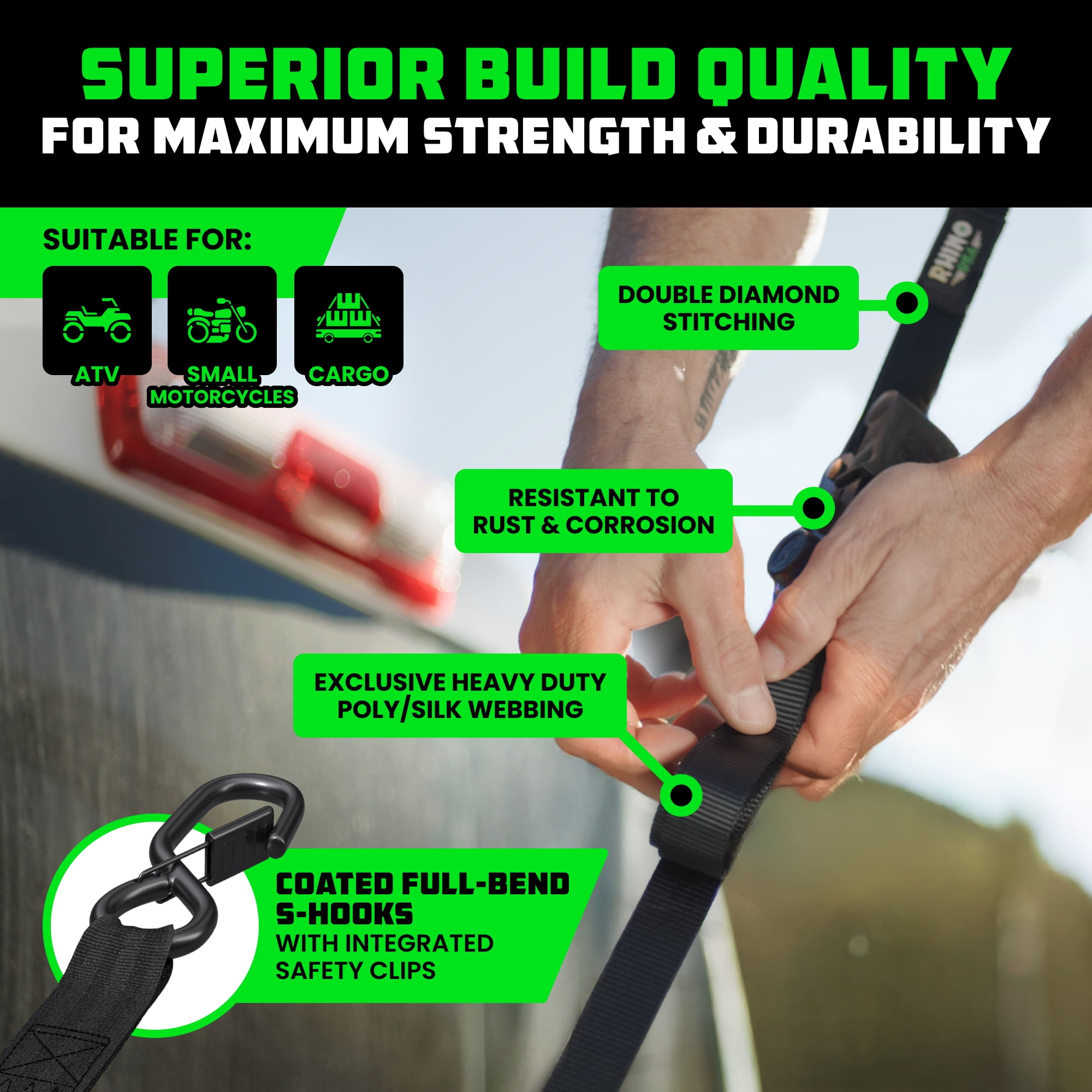 Rhino USA Retractable Ratchet Straps Heavy-Duty Cargo Tie Downs (Black, 4-Pack, 1 in x 10 ft) p9yru