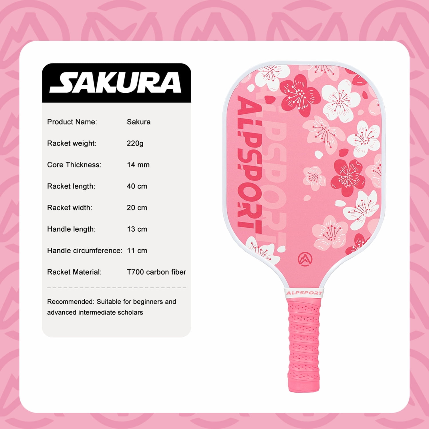 SALYWEE Sakura Pickleball Paddle, Carbon Fiber Surface with Honeycomb Polymer Core, Professional Spin and Control (Pink, 15.75 in x 7.87 in) u67my