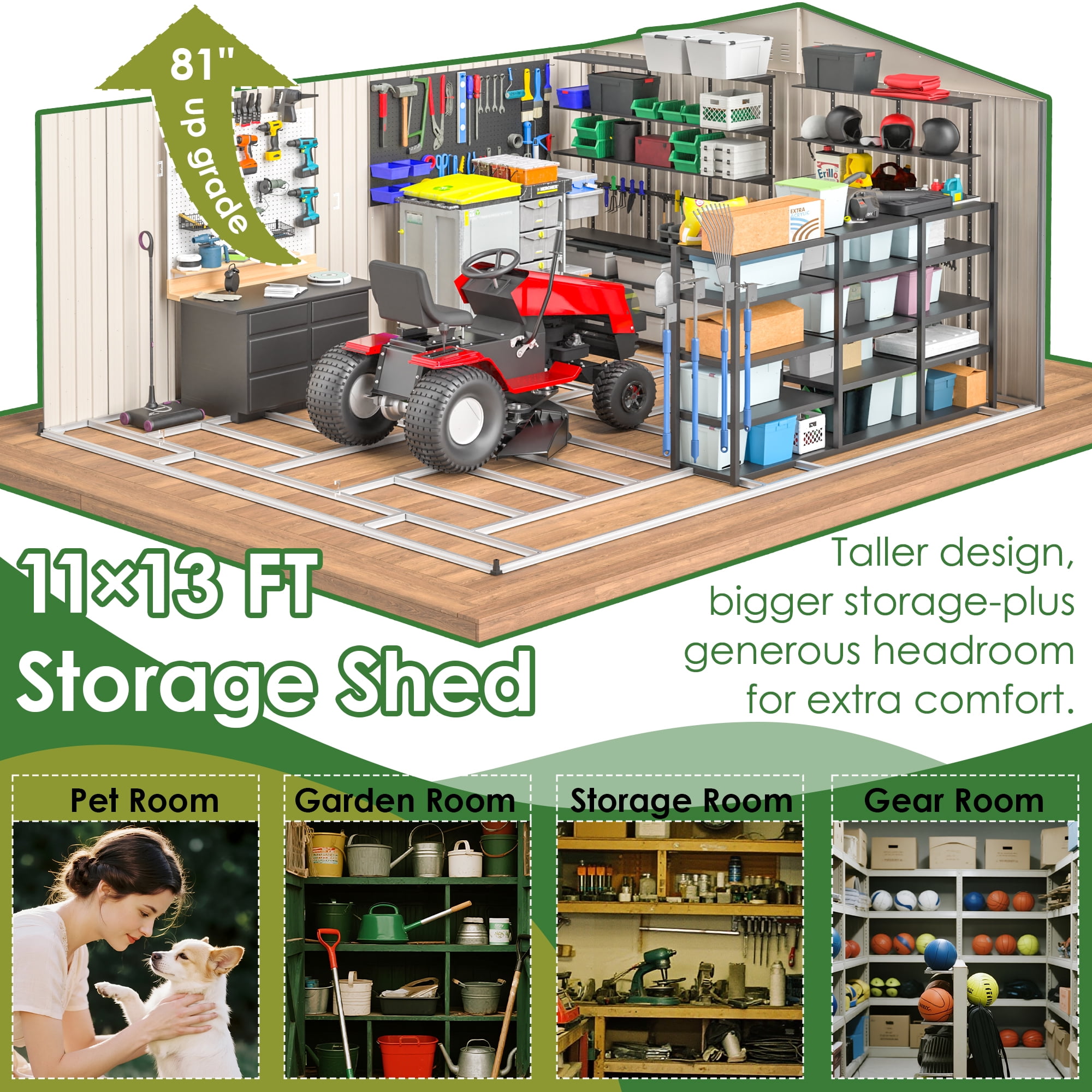 LZBEITEM Outdoor Storage Metal Shed, Galvanized Steel Garden Tool House with Floor Frame Kit and Lockable Doors (Gray, 11 x 13 ft) rda6a