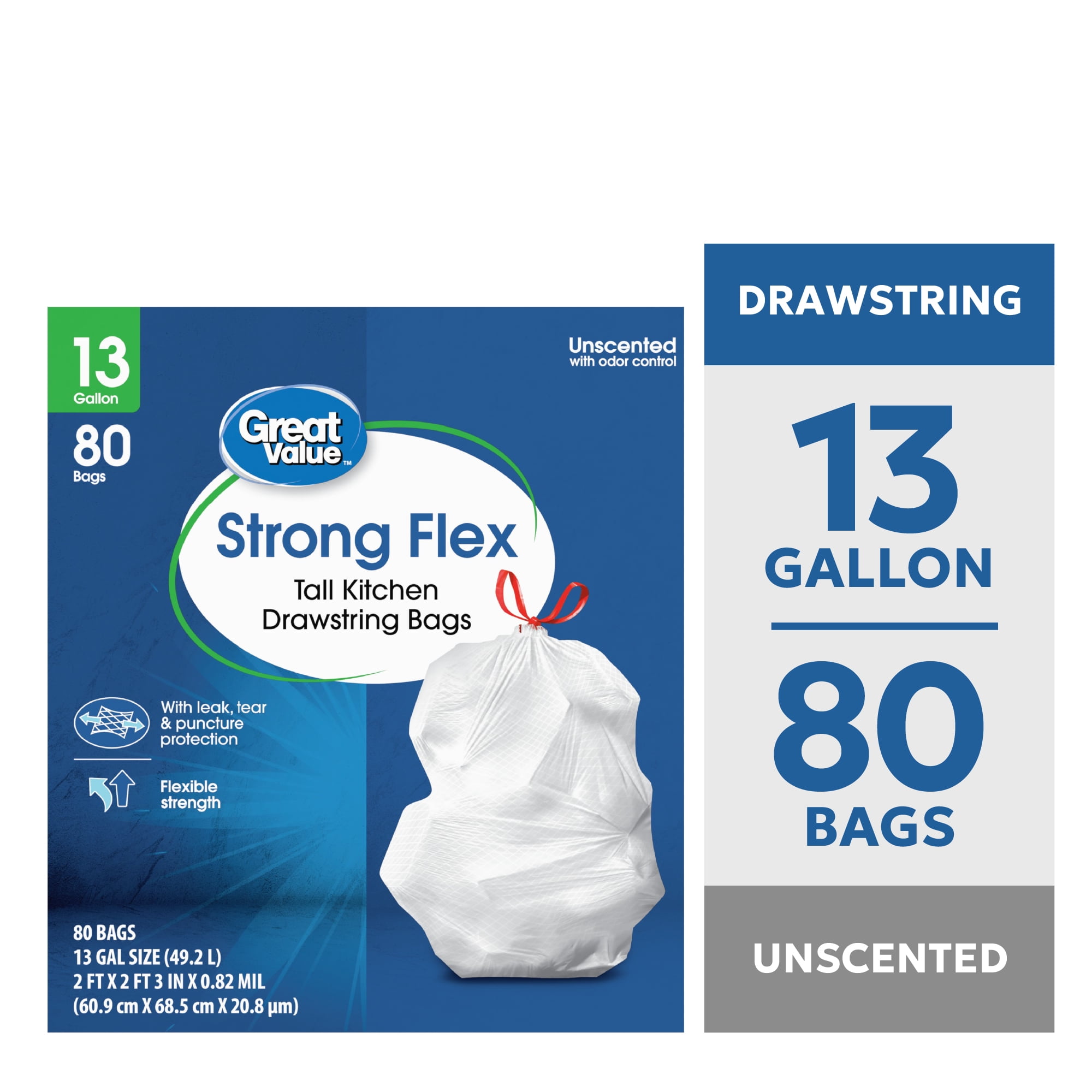 Great Value 13 Gallon Tall Kitchen Drawstring Trash Bags (White, 80 Count) o0x75