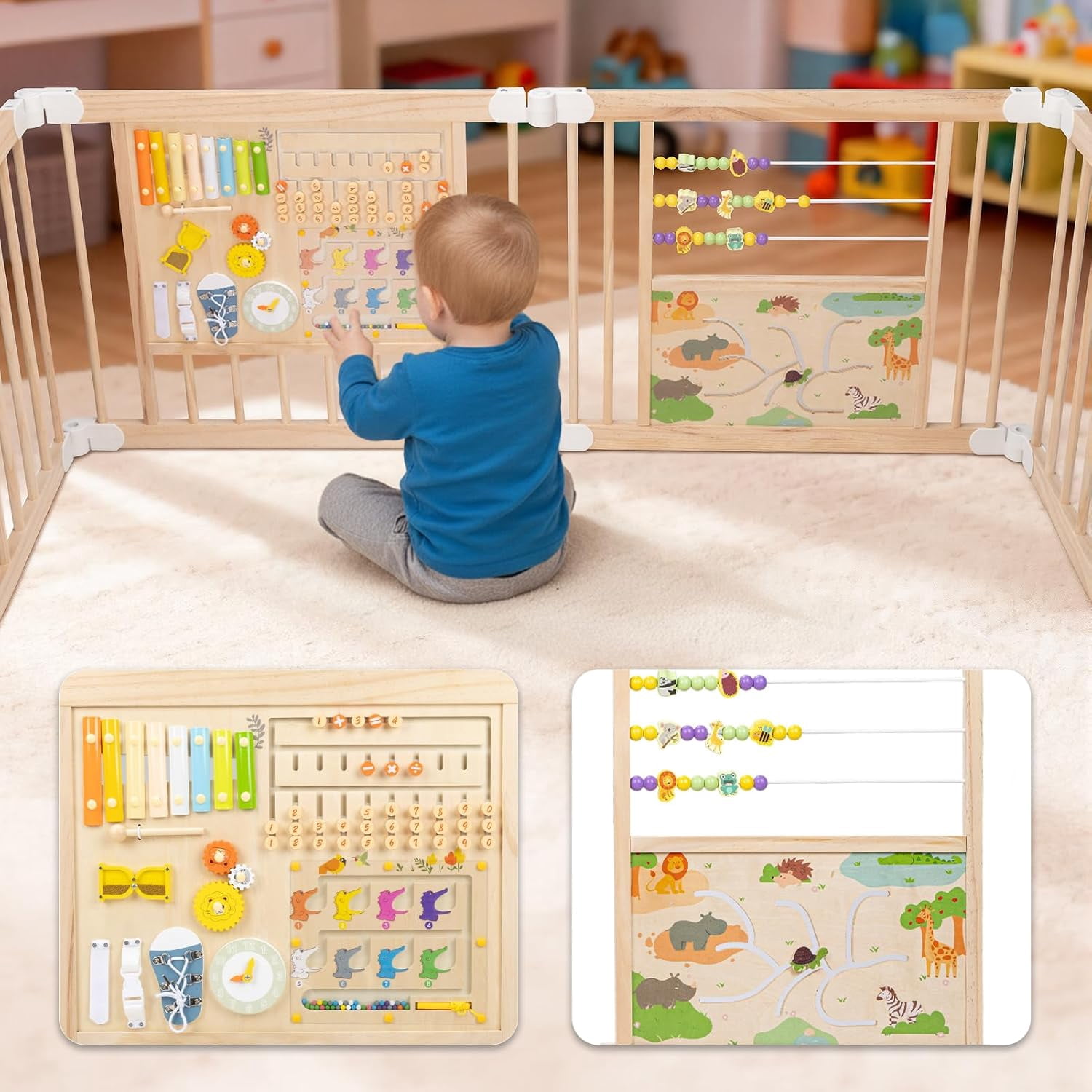 PRVAETU Foldable Wooden Baby Playpen with Gate and Activity Boards (Brown, 63 in x 63 in x 24 in) h9gxi
