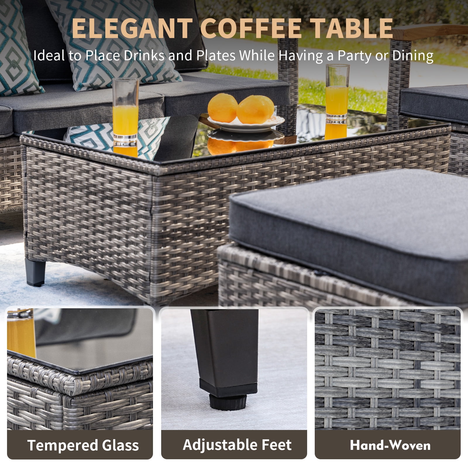 MEISSALIVVE 7-Piece Patio Furniture Set, Outdoor Rattan Conversation Set with Swivel Rocker Chairs and 3-Seat Sofa (Gray, 7-Piece Set) 6w9aq