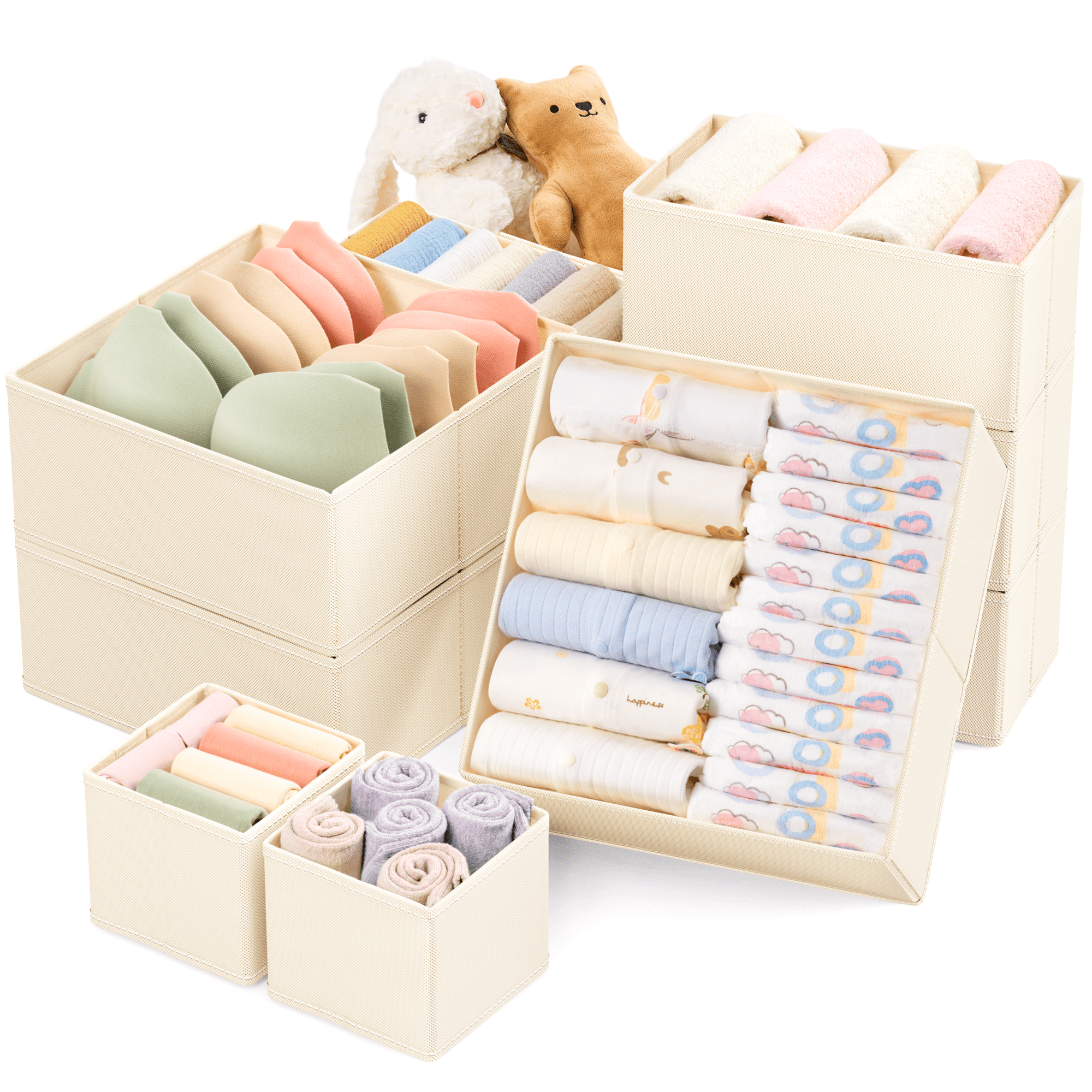 Criusia Foldable Fabric Drawer Organizers for Clothing and Closet Storage (Beige, 9-Pack Set) fta6j