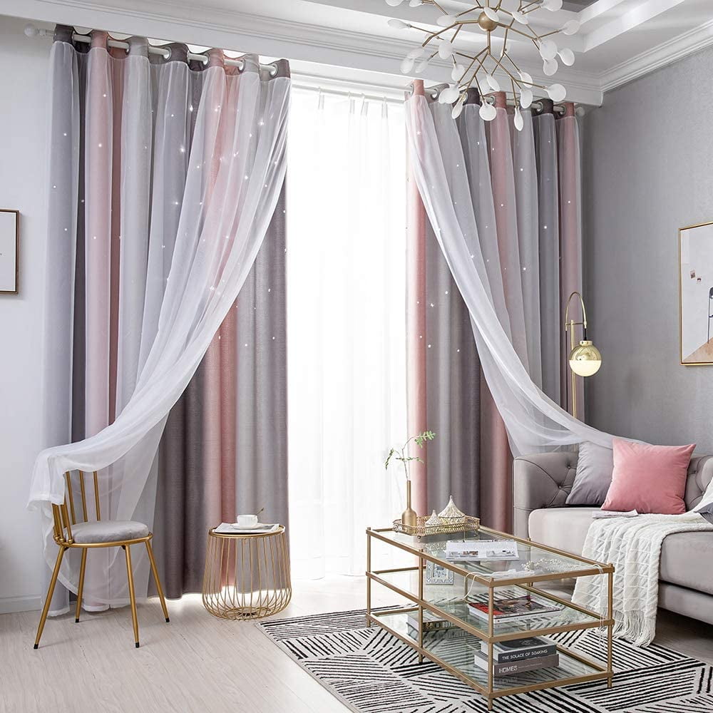 BSHAPPLUS Blackout Curtains with White Sheer Overlay Layered Window Drapes for Bedroom and Living Room (Blue and Yellow, 52 in x 84 in, 1 Panel) m16j2