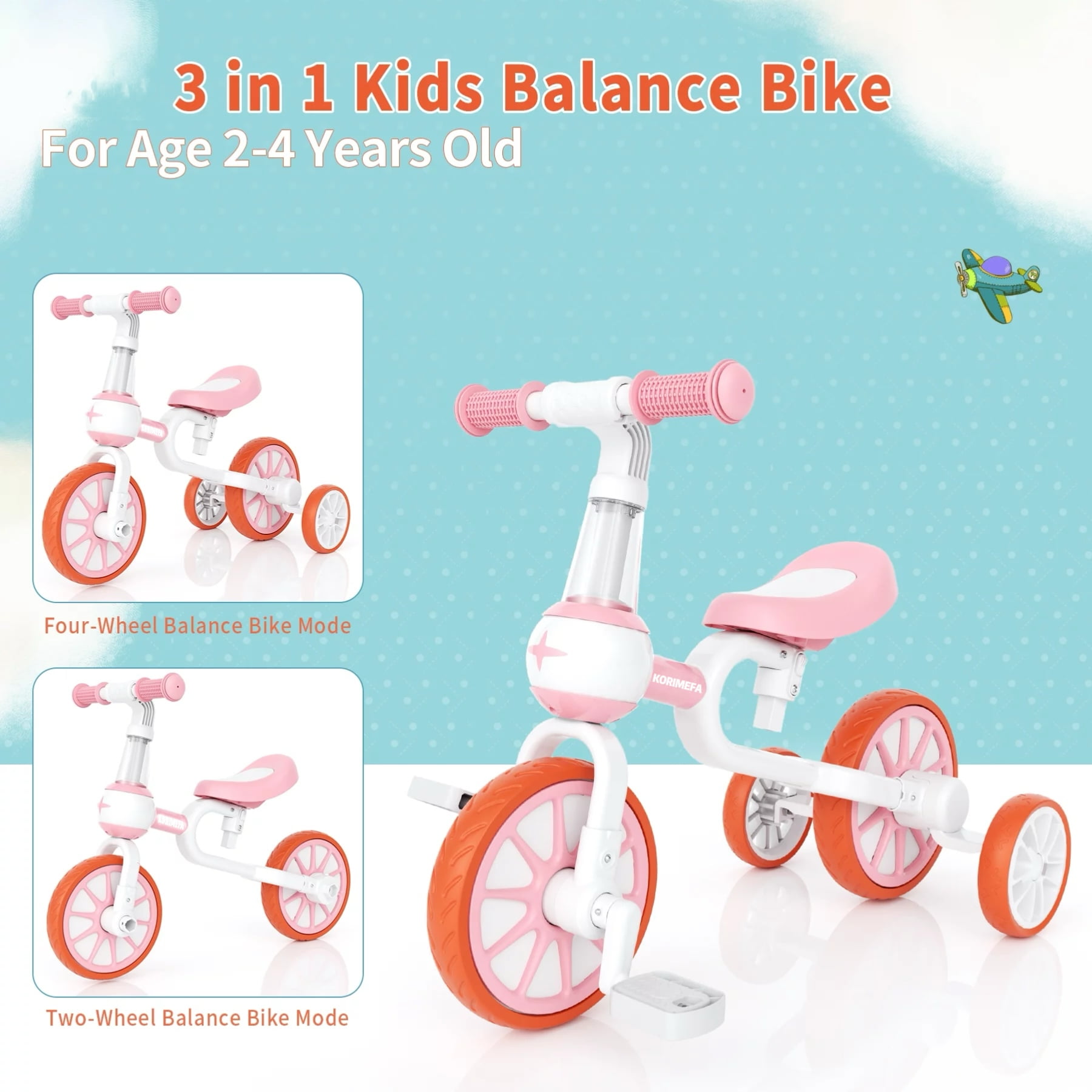 KORIMEFA 3-in-1 Kids Tricycle and Balance Bike, Convertible Toddler Riding Toy (Pink, 66.14 lb Capacity) de0ja