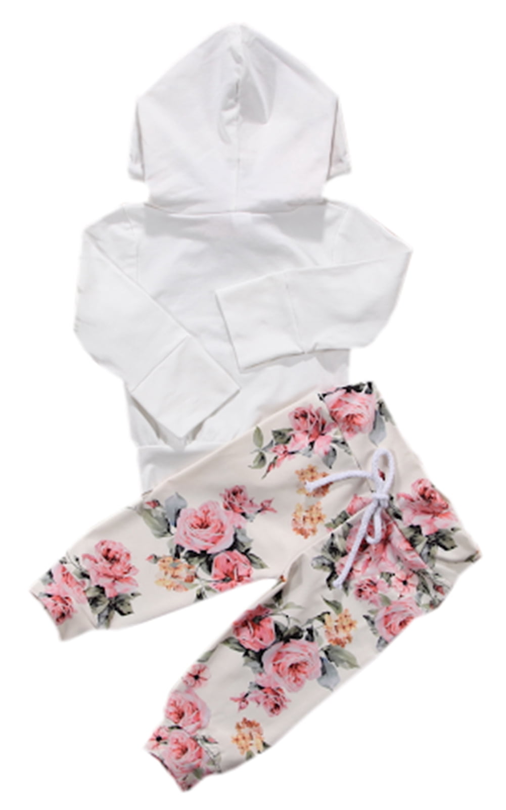 Bilo Store Infant Baby Girl Floral Pattern Long Sleeve Hoodie and Pants 3-Piece Cotton Outfit Set (White, 3-6 Months) kwilt
