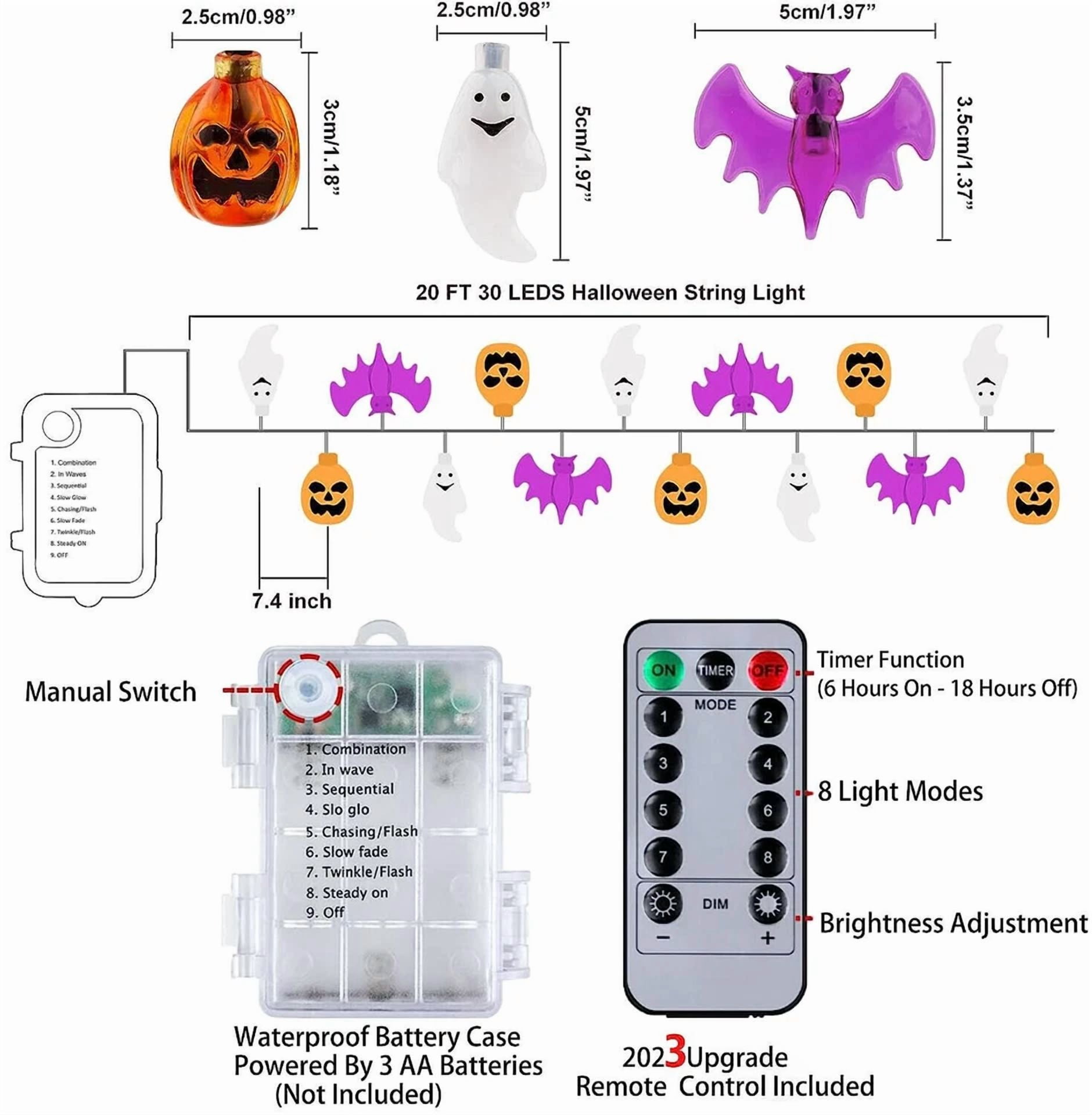 KLYNE Halloween LED String Lights, Waterproof 3D Pumpkin Bat Ghost Decor for Indoor and Outdoor Use (20 ft, 30 LEDs) mbbar