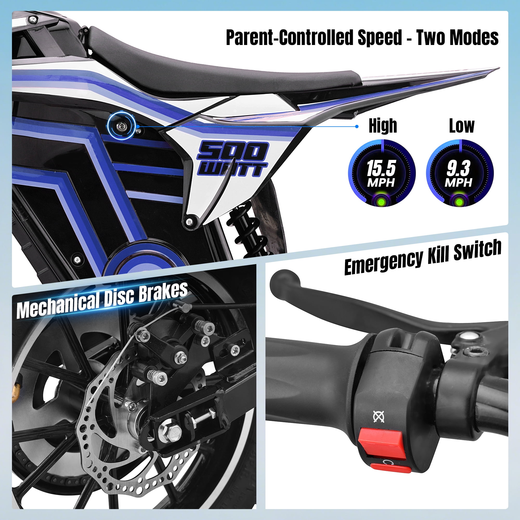 QEASET Electric Dirt Bike, 500W Off-Road Motorbike for Kids, Dual Suspension (Blue, 150 lb Capacity) mhvdp