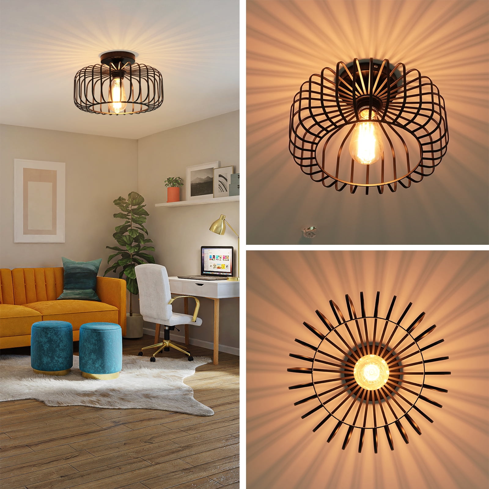 FRIDEKO HOME Modern Semi Flush Mount Ceiling Light, Industrial Metal Cage Fixture for Bedroom and Kitchen (Black, 11.22 in) 9jqjf