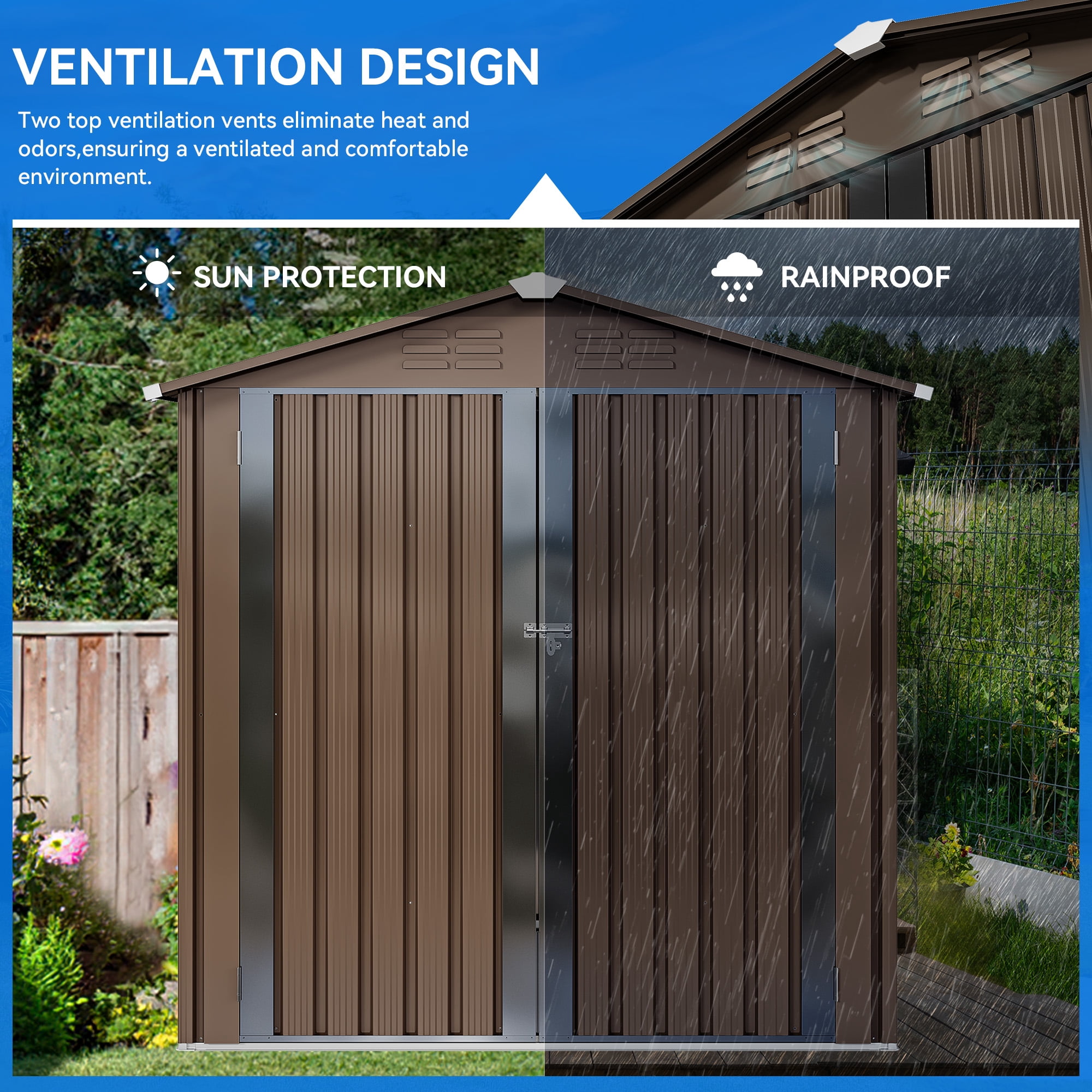 Dextrus Outdoor Storage Shed, Heavy Duty Galvanized Steel Garden Tool House with Lockable Door and Air Vents (Brown, 6 ft x 4 ft) jhe9q