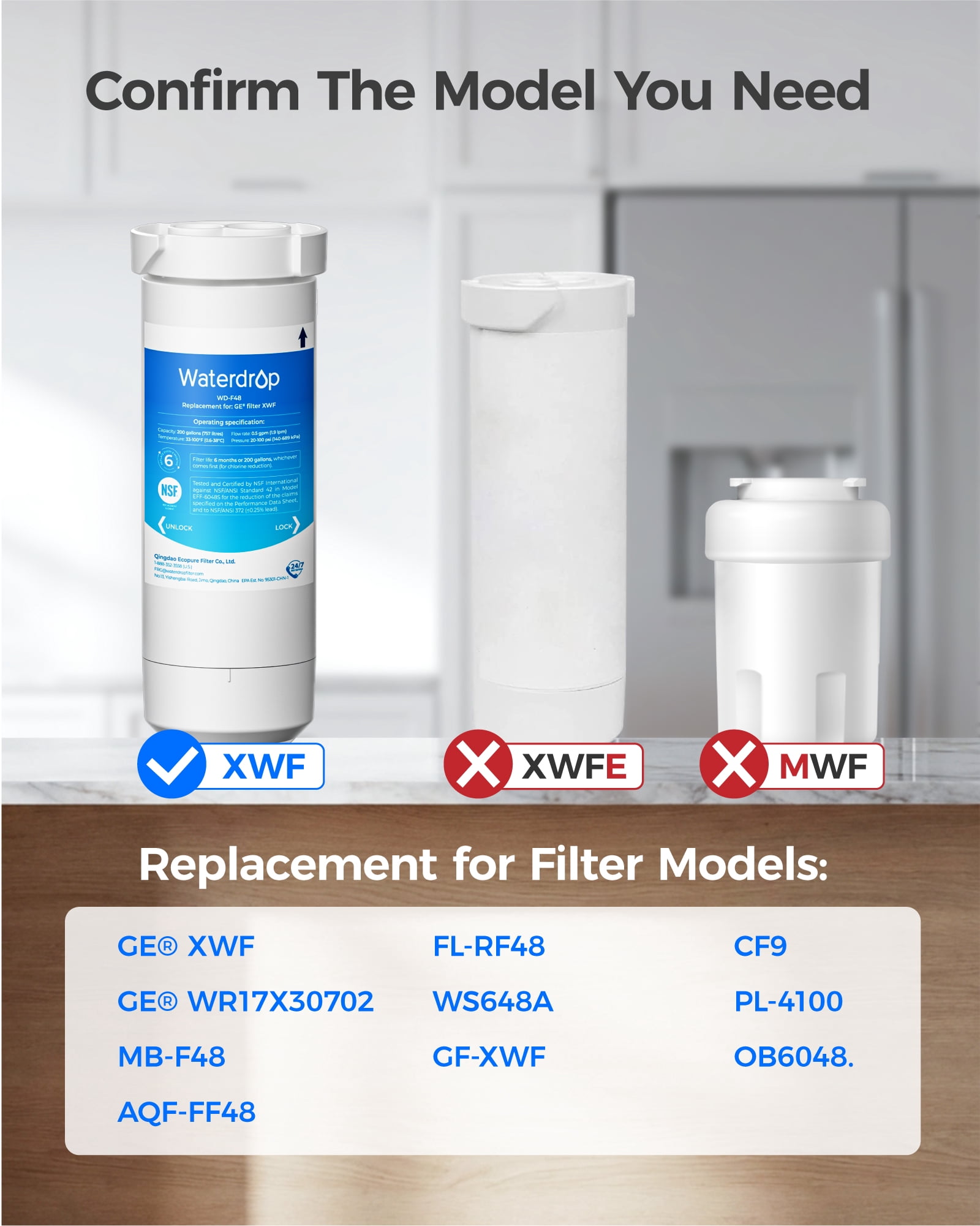 Waterdrop XWF Refrigerator Water Filter Replacement for GE XWF (1 Pack) bsr67