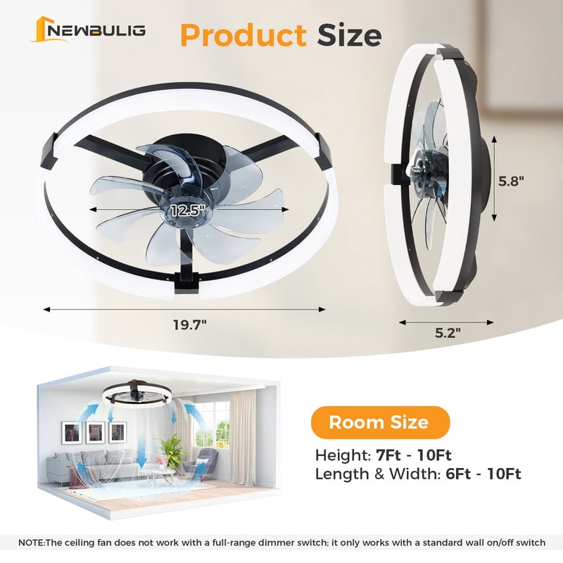 Gianna Low Profile Ceiling Fan with LED Lights, Dimmable Flush Mount Fandelier, 6-Speed Reversible Motor, App Control (Black, 19.7 in) f3z76