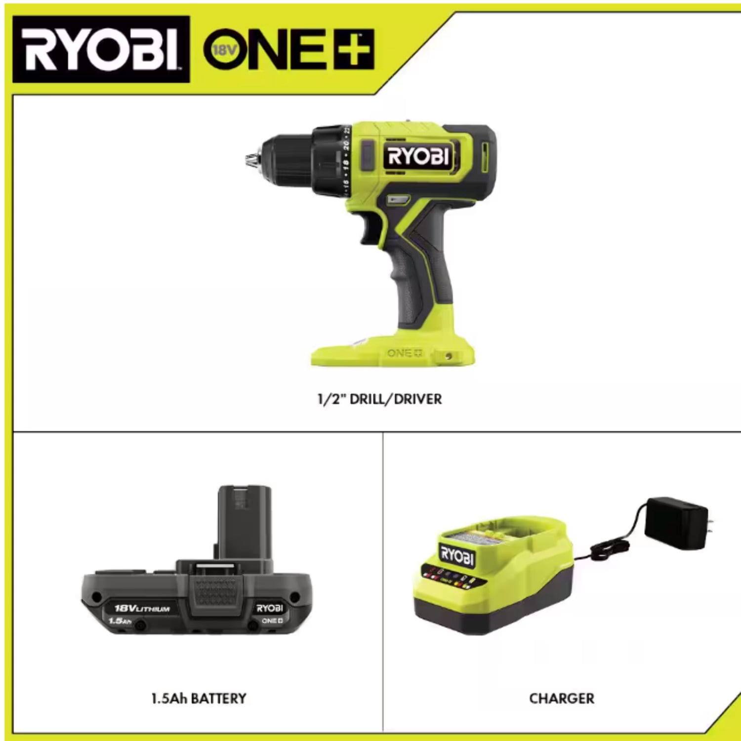 Ryobi 18V Cordless Drill Driver with 1.5 Ah Battery and Charger (Green, 0.5 in Chuck) 746bk