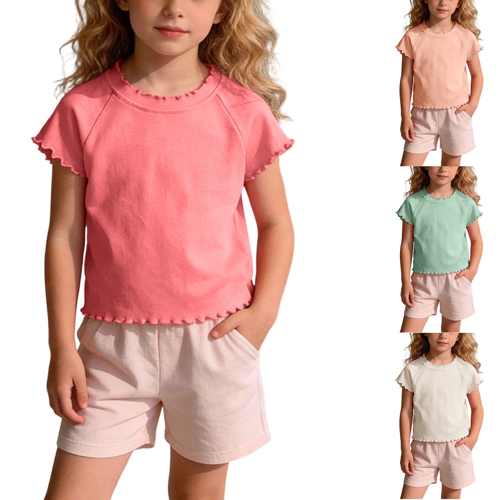 SROBPTY Girls Short Sleeve Crew Neck Lace Trim Casual Summer T-Shirt (Orange, 12M-9Y) zombp