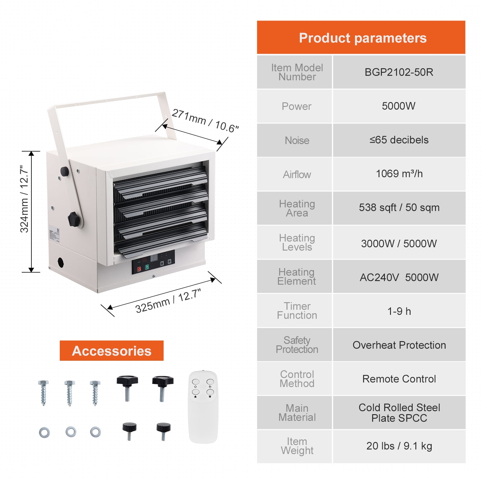 VEVOR Electric Garage Heater, 5000W Digital Space Heater with Remote Control (White, Wall/Ceiling Mount) 27q60 - Image 3