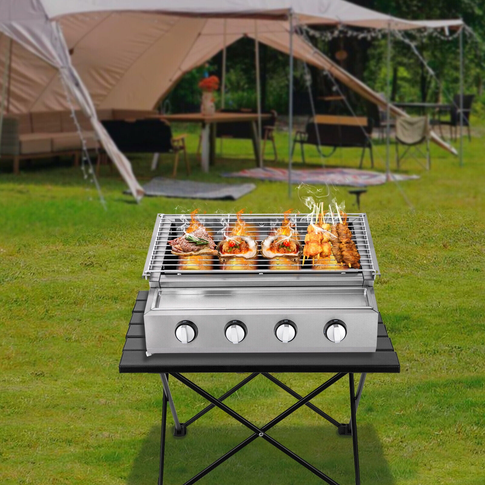 TOOL1SHOoo 4 Burner Gas BBQ Grill Stainless Steel Portable Outdoor Cooking Stove (Silver, 22.6 in x 16.7 in x 7.9 in) ton76