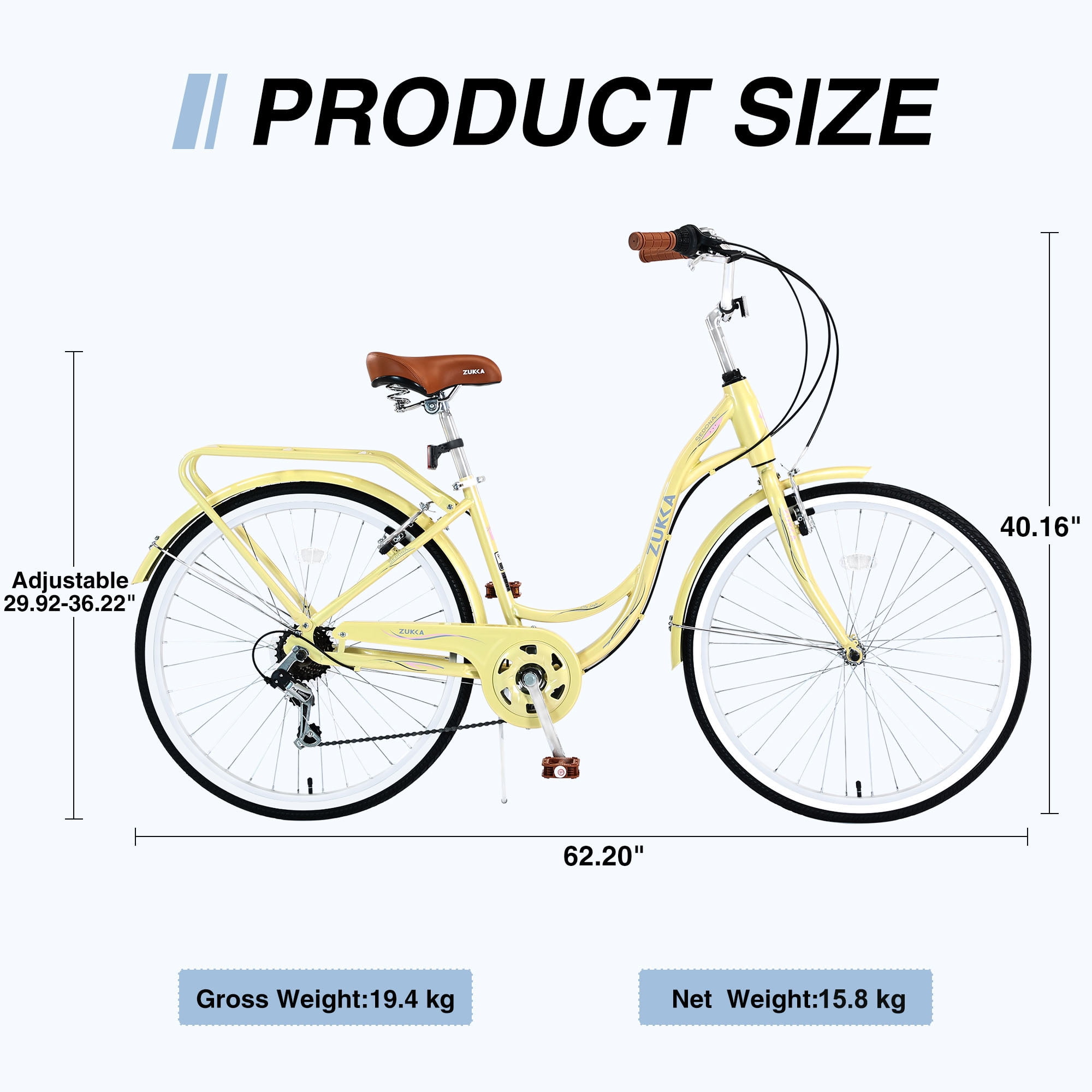 Zukka 7-Speed Cruiser Bicycle, High-Carbon Steel Frame City Commuter Bike for Women (Yellow, 24 in) g59mv