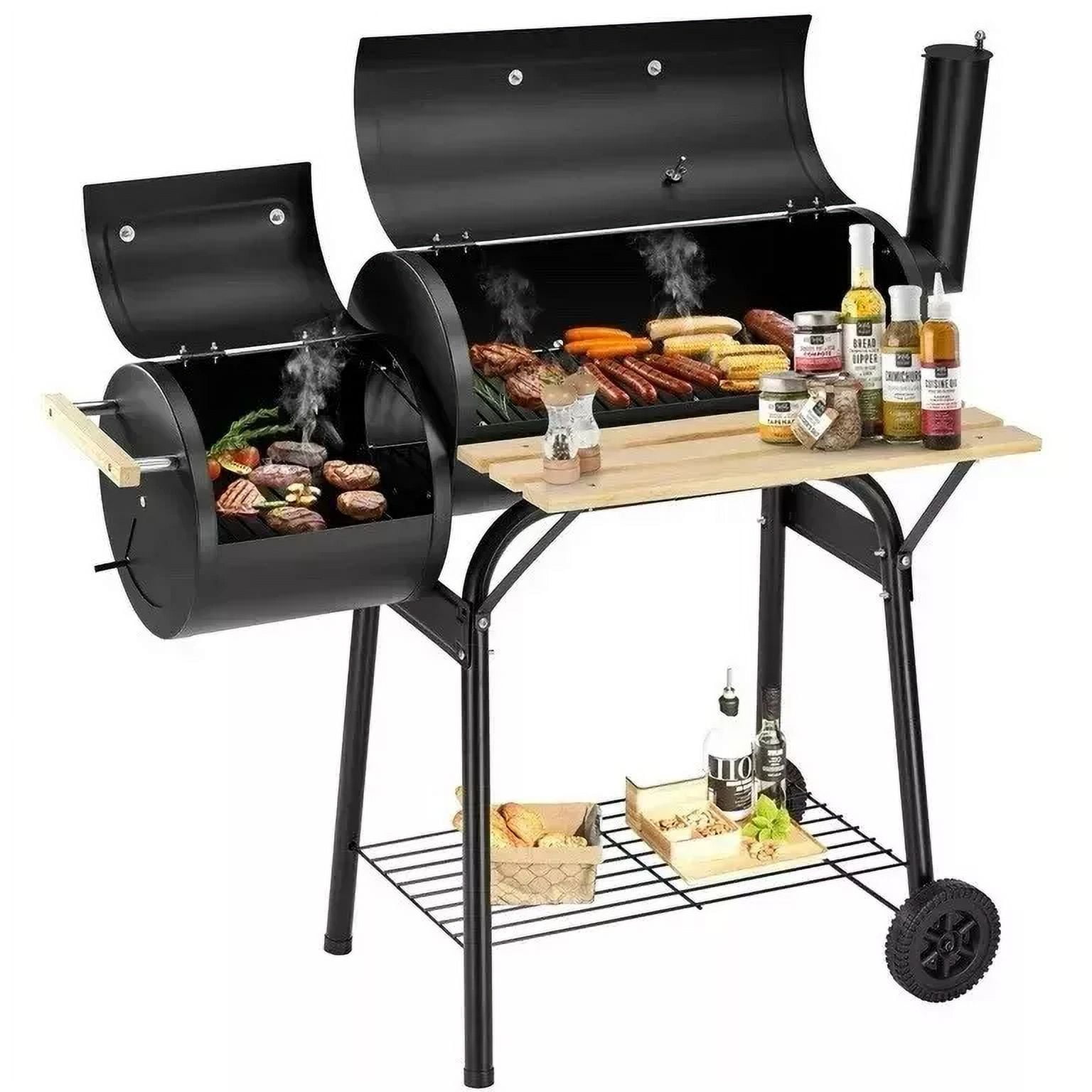 Bitiwend Charcoal Grill with Offset Smoker, Outdoor BBQ Grill with Side Table and Temperature Gauge (Black) zn2hj
