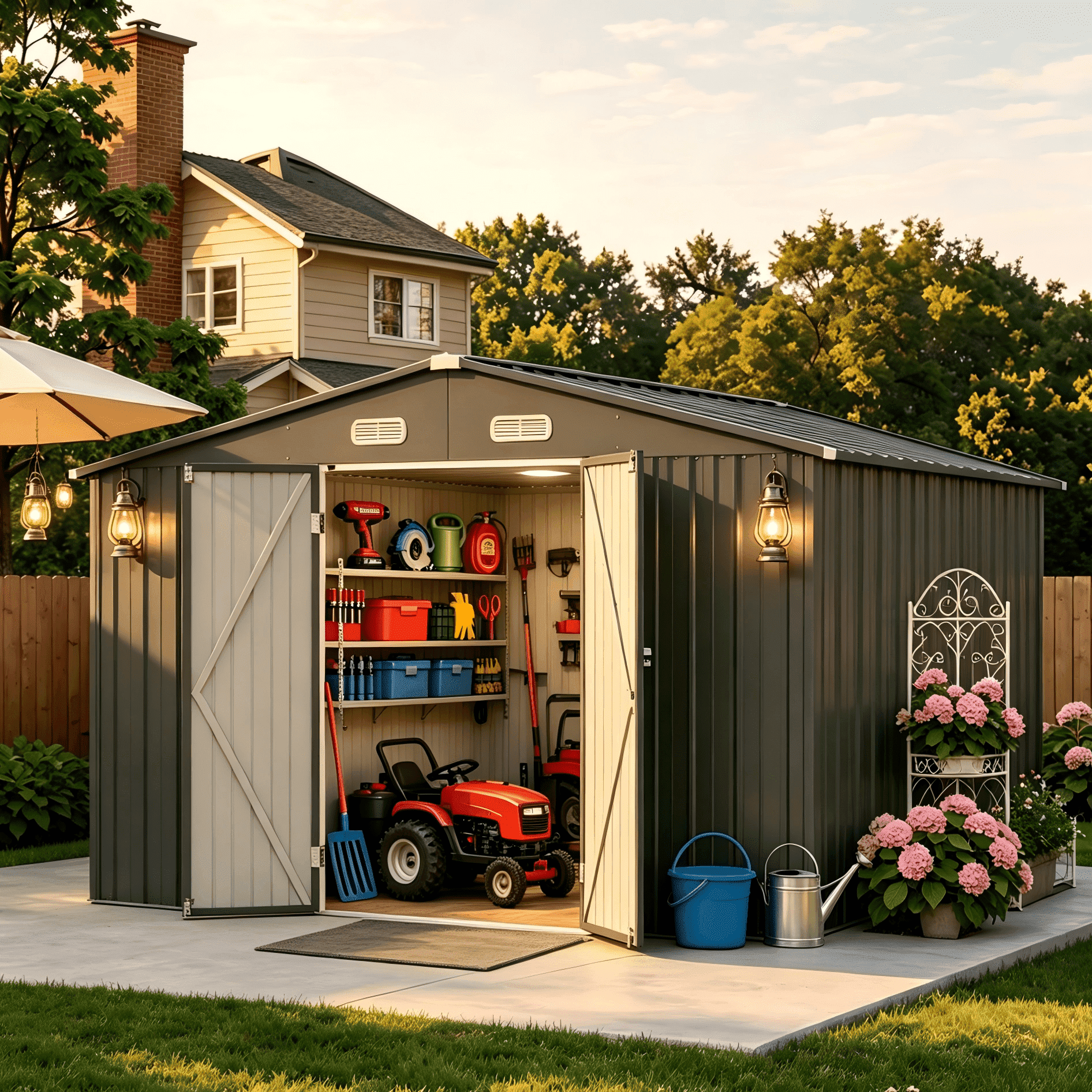 Lofka 10x10 ft Outdoor Storage Shed, Waterproof Galvanized Steel Garden Shed with Lockable Doors (Dark Gray) n2te0