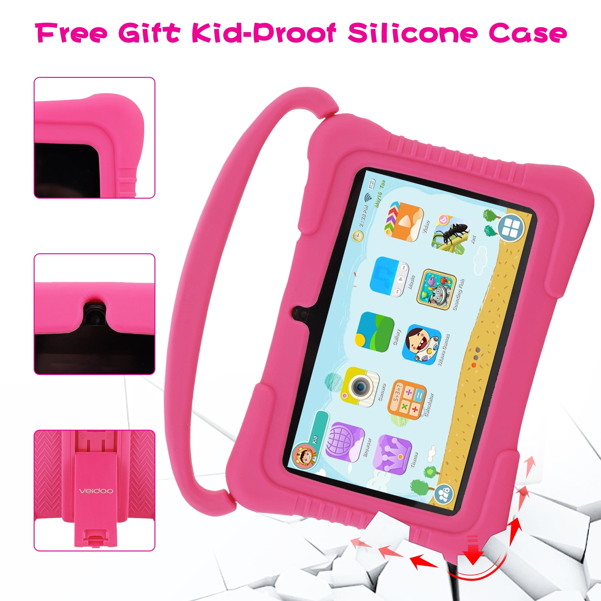 Veidoo Kids Tablet 32GB WiFi Android Learning Device with Silicone Case and Parental Controls (Pink, 7 in) 91xu6