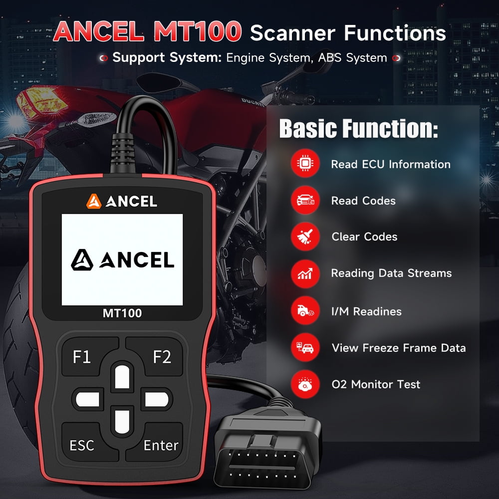ANCEL MT100 Motorcycle Diagnostic Scan Tool OBD2 Code Reader (Clear, 1 Pack) q32gt