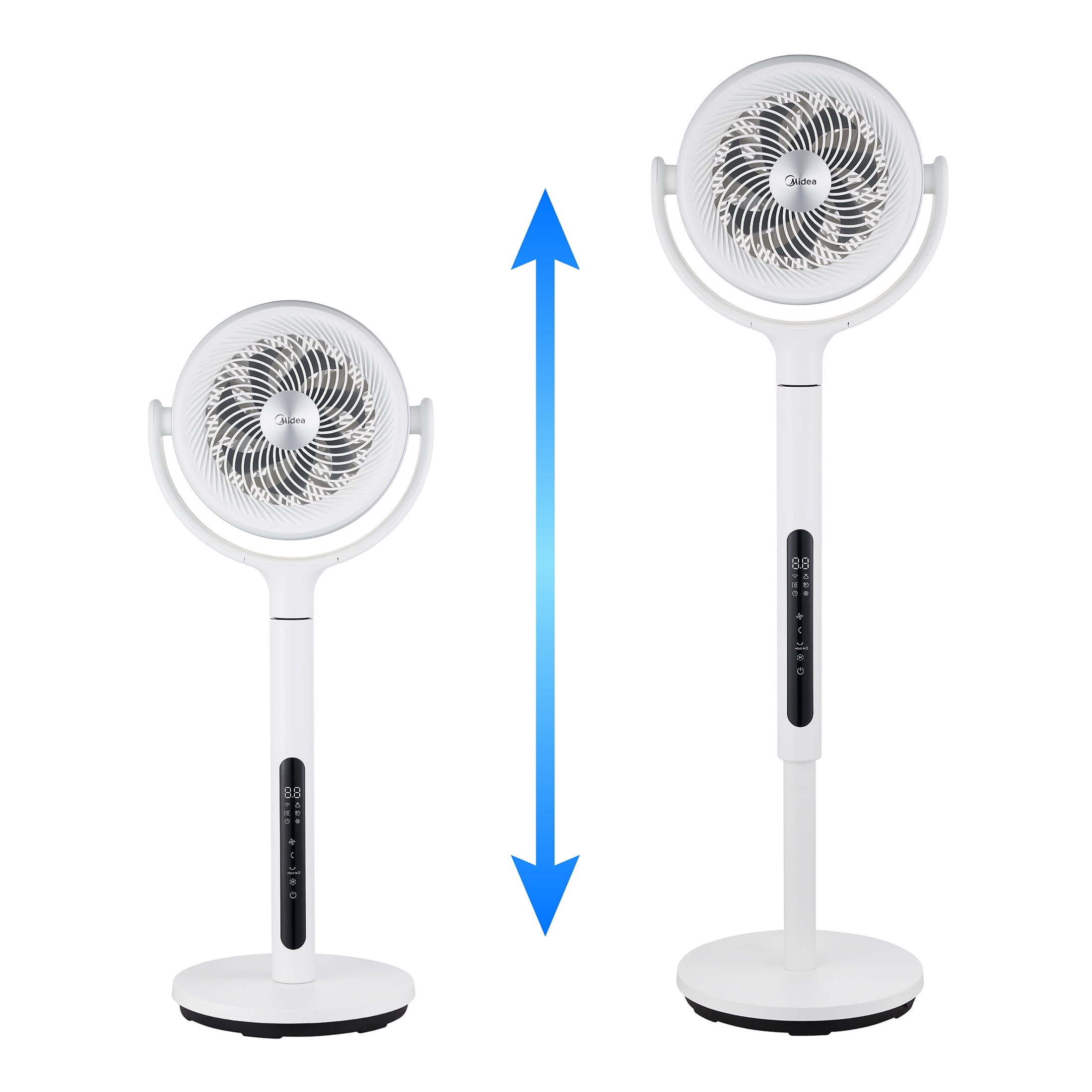 Midea Smart Pedestal Fan with Remote, 12-Speed Adjustable Height Oscillating Cooling Fan (White, 33.9-44.1 in) to45o
