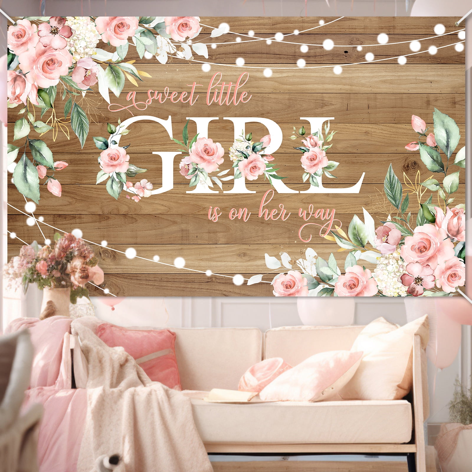 Mocsicka Rustic Baby Shower Backdrop Pink Flower Floral Banner for Girl (Pink, 71 in x 43 in) uzwto