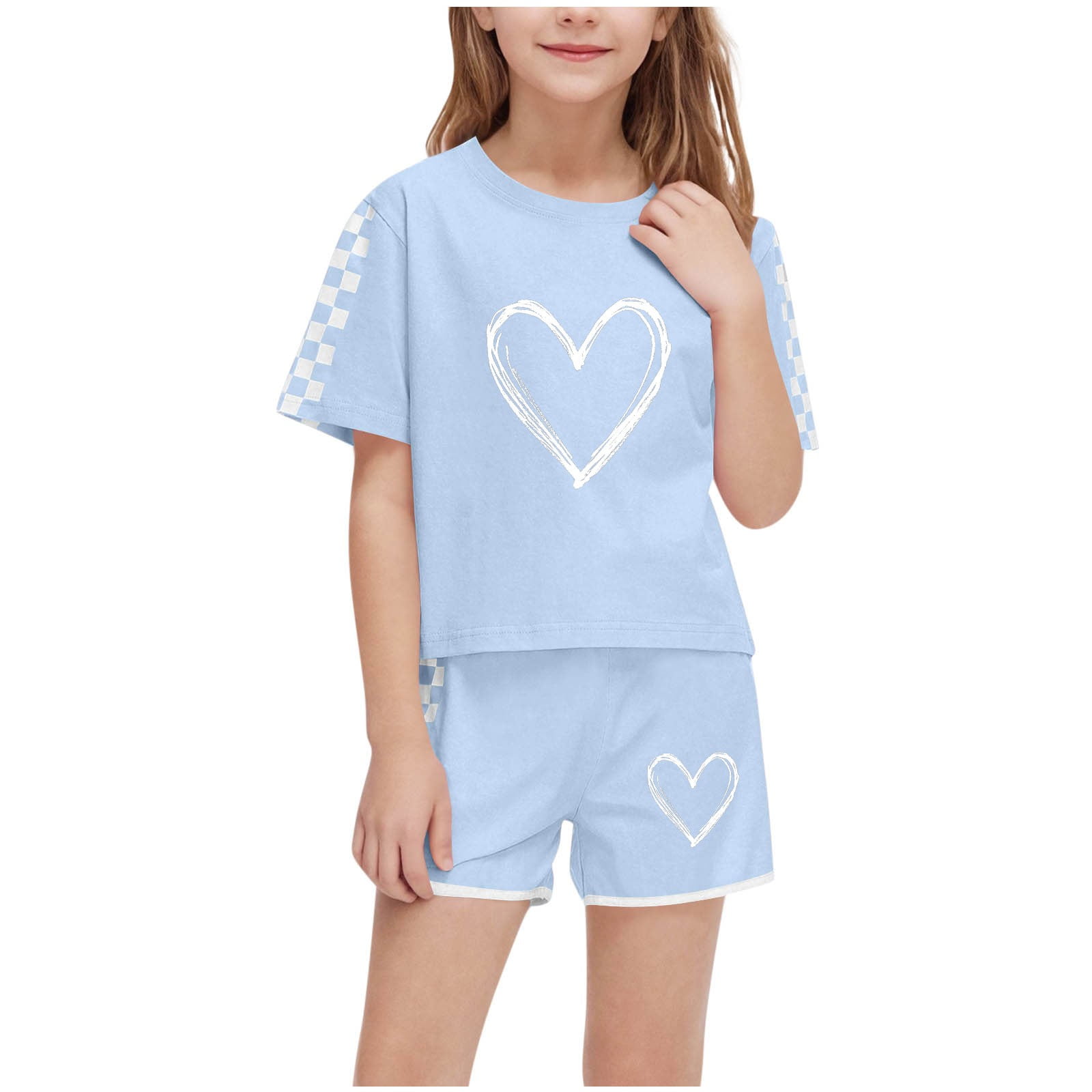 Piuwrlz Girls Summer Outfit Set Round Neck T-Shirt and Shorts Casual Playwear (Sky Blue, 7 Years) a2c32