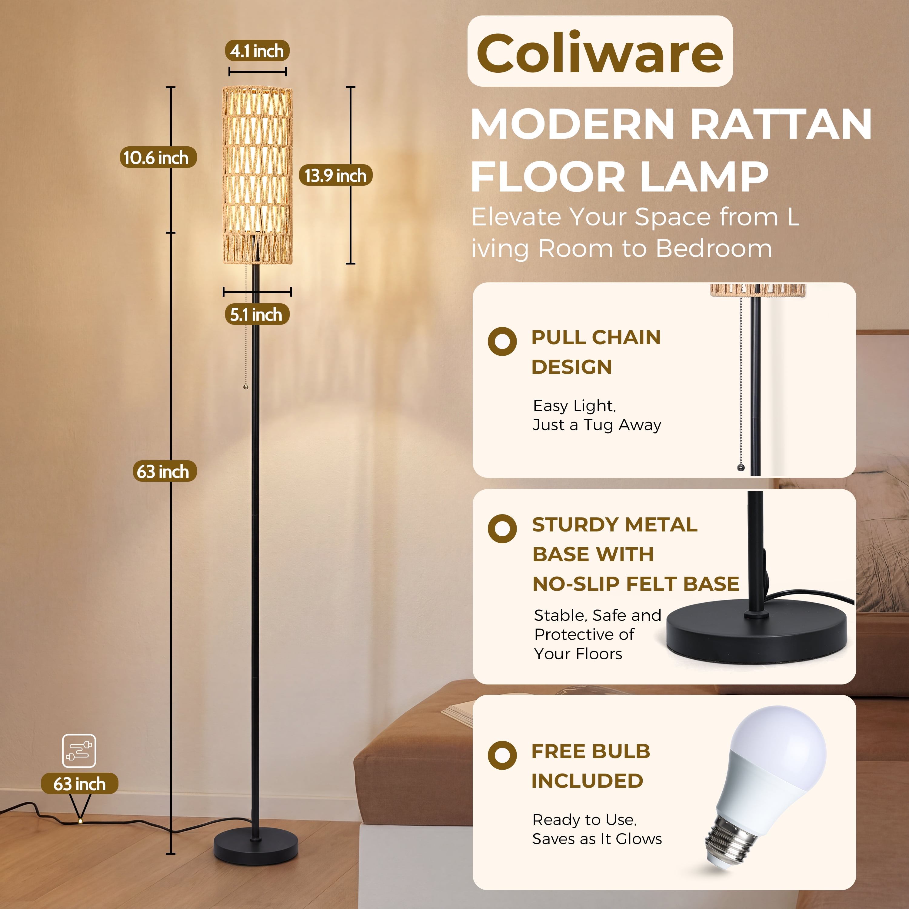 Coliware 63 in Rattan Floor Lamp, Modern Standing Pole Lamp with Dual Shade and Pull Chain (Black, 63 in) 7tbs8