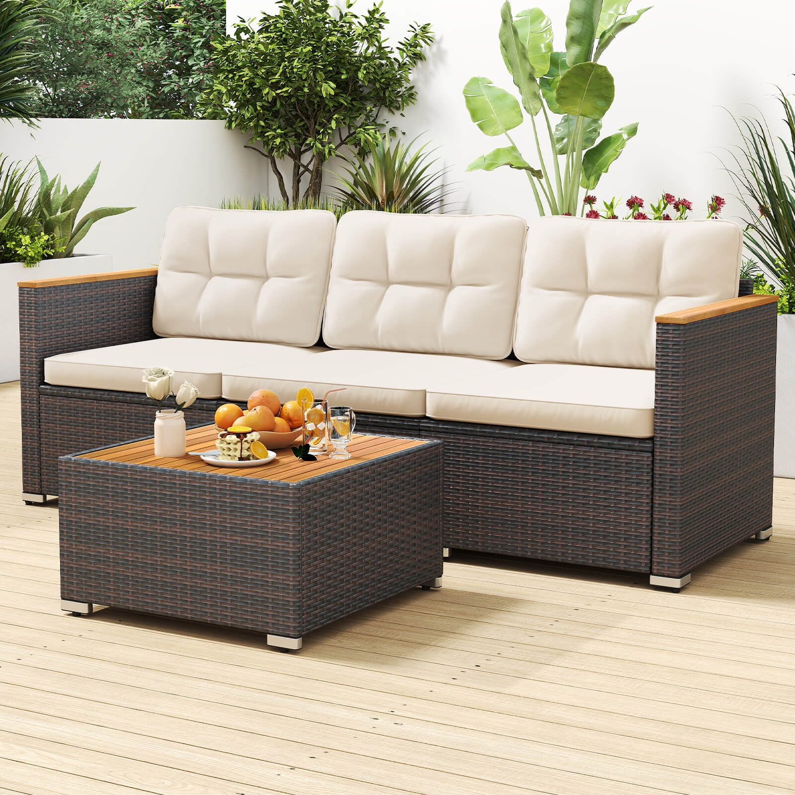 Costway 3-Seat Patio Sofa PE Rattan Wicker Outdoor Furniture Set (White, 76 in x 26 in x 25.5 in) 7z5df