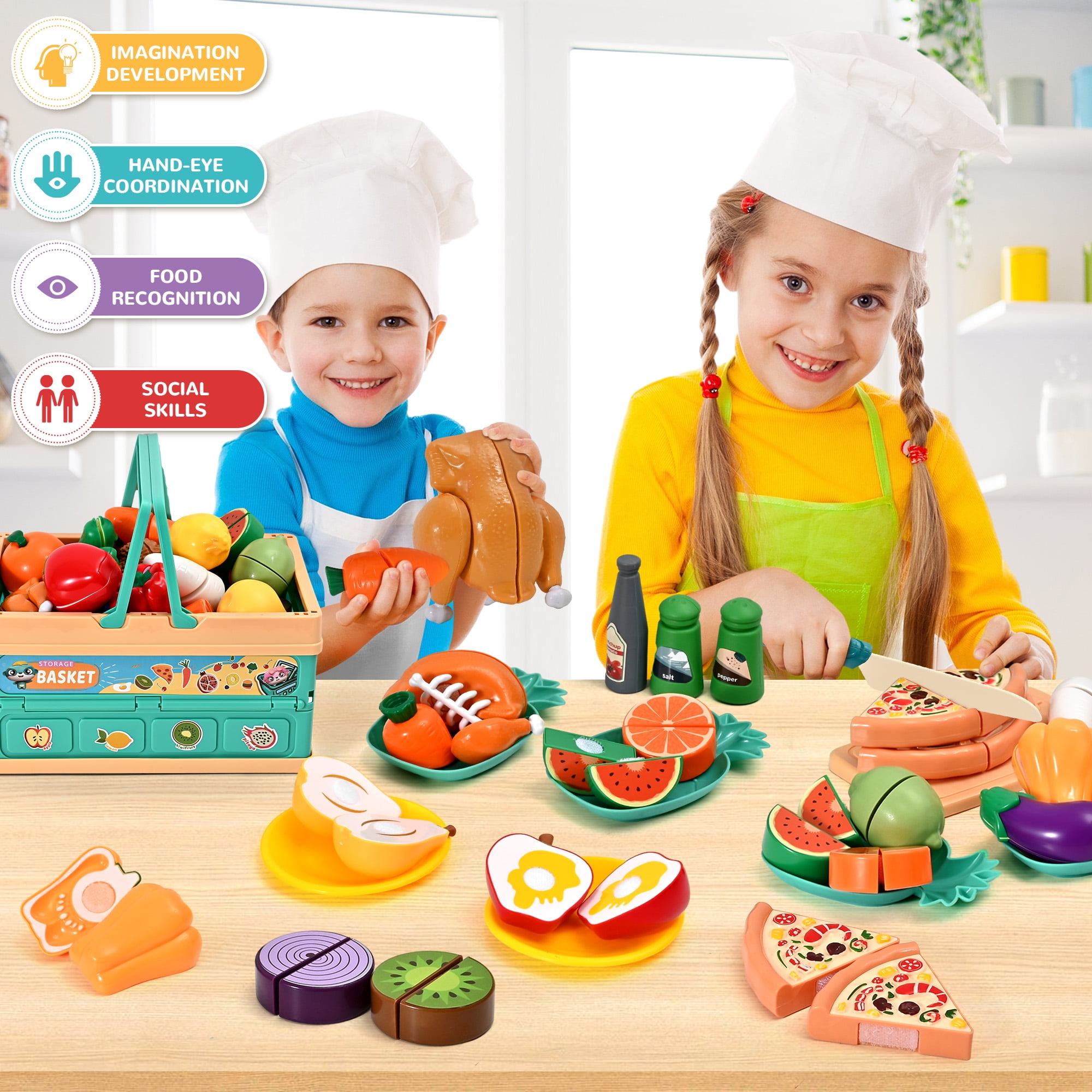 TOPFOX Play Food Set for Toddlers, Pretend Kitchen Accessories with Foldable Basket and Cutting Toys (Red, 1 Set) v1j9g