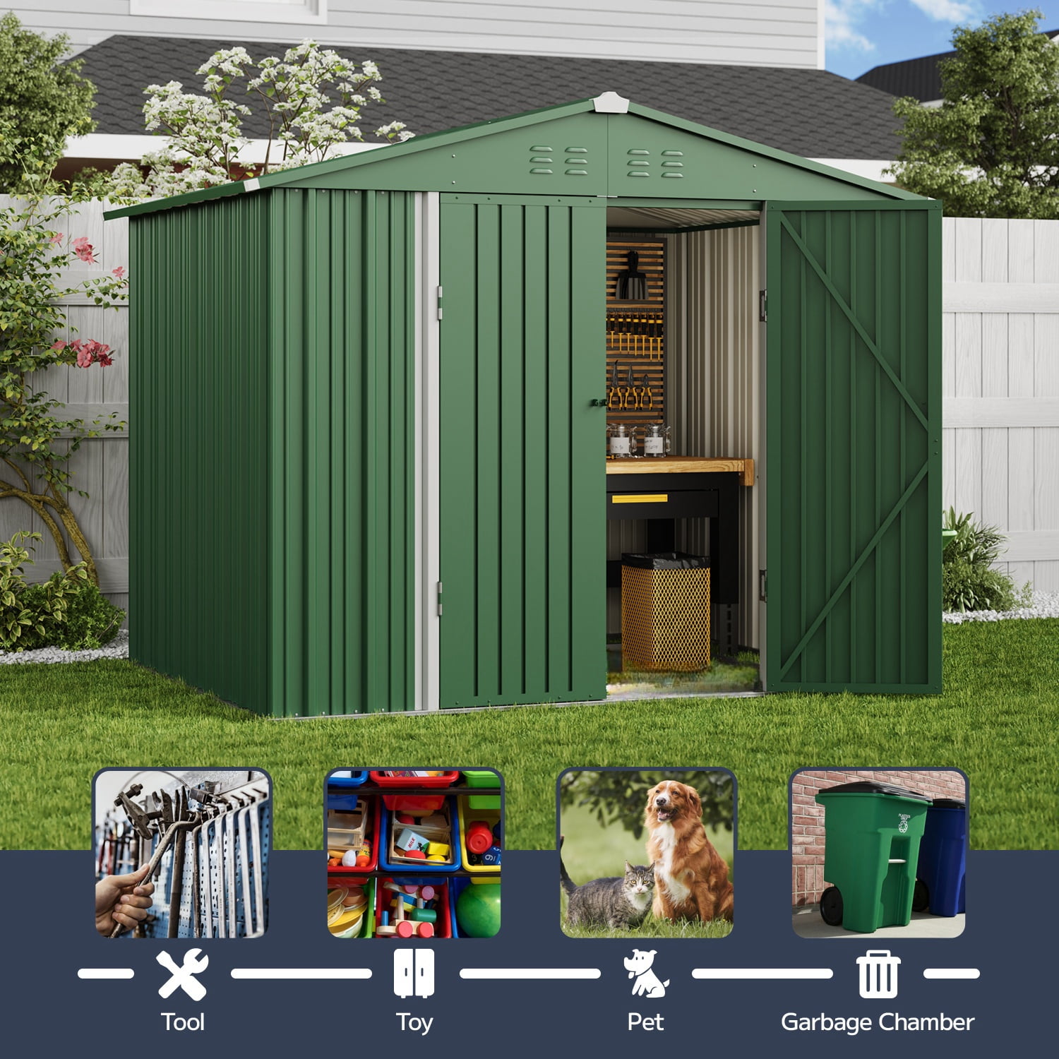 Asofer Outdoor Storage Shed, Galvanized Metal Garden Utility House with Double Lockable Doors (Green, 8 x 6 ft) 5tyxo