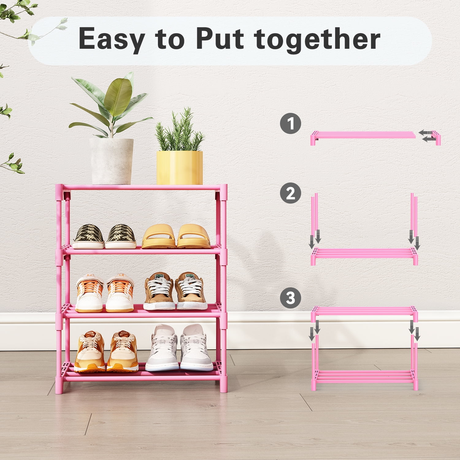 Bug Hull 4-Tier Narrow Shoe Rack, Stackable Metal Organizer Tower for Entryway (Pink, 11 in Depth) 1qz00