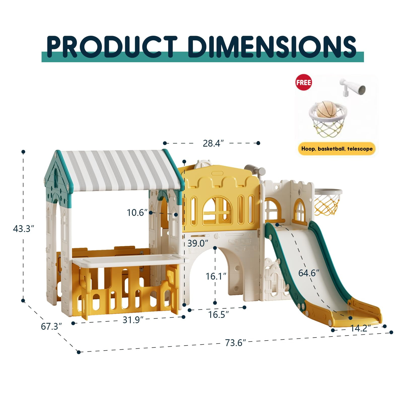 JIAOQIU 10-in-1 Toddler Playground Playset with Slide, Rock Climber, and Basketball Hoop (Green, 72 in x 60 in x 45 in) uwd61