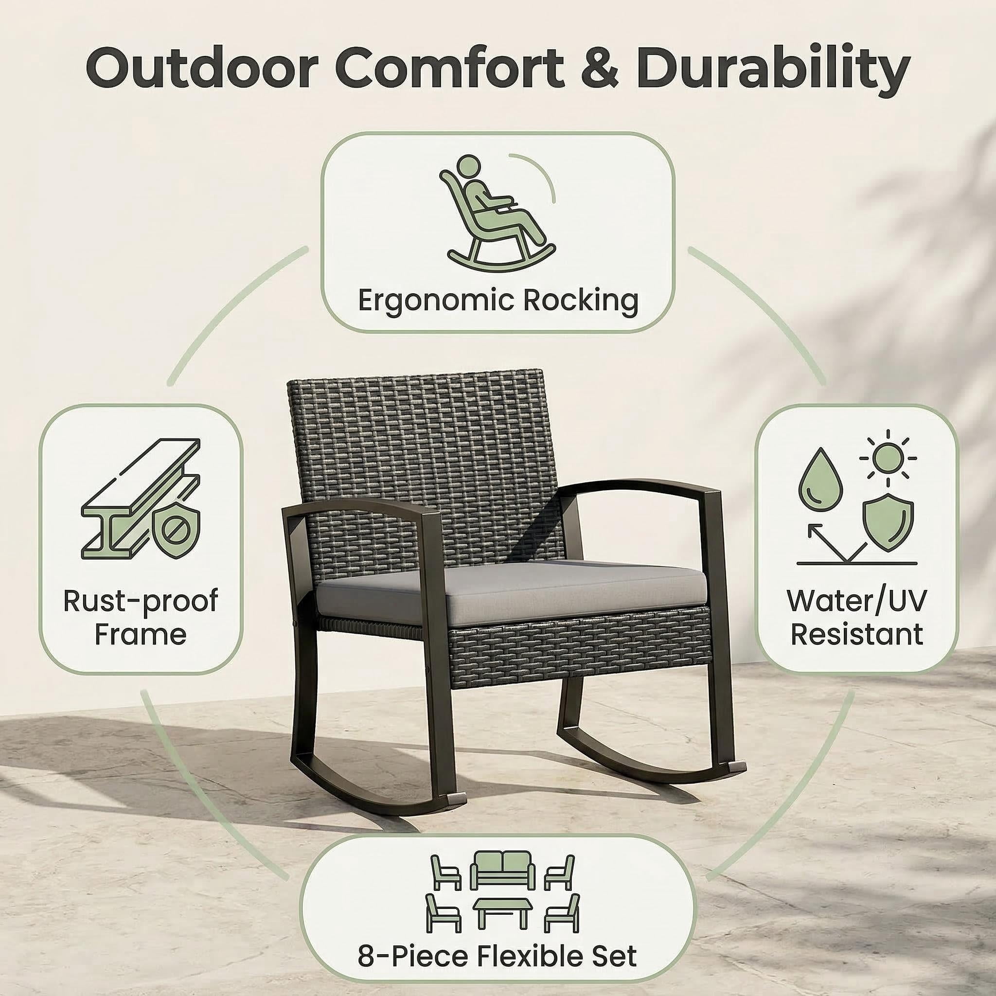 Lofka 8-Piece Outdoor Patio Furniture Set, All-Weather Wicker Rocking Chairs with Glass Coffee Tables (Gray, 8-Piece Set) sqtb1