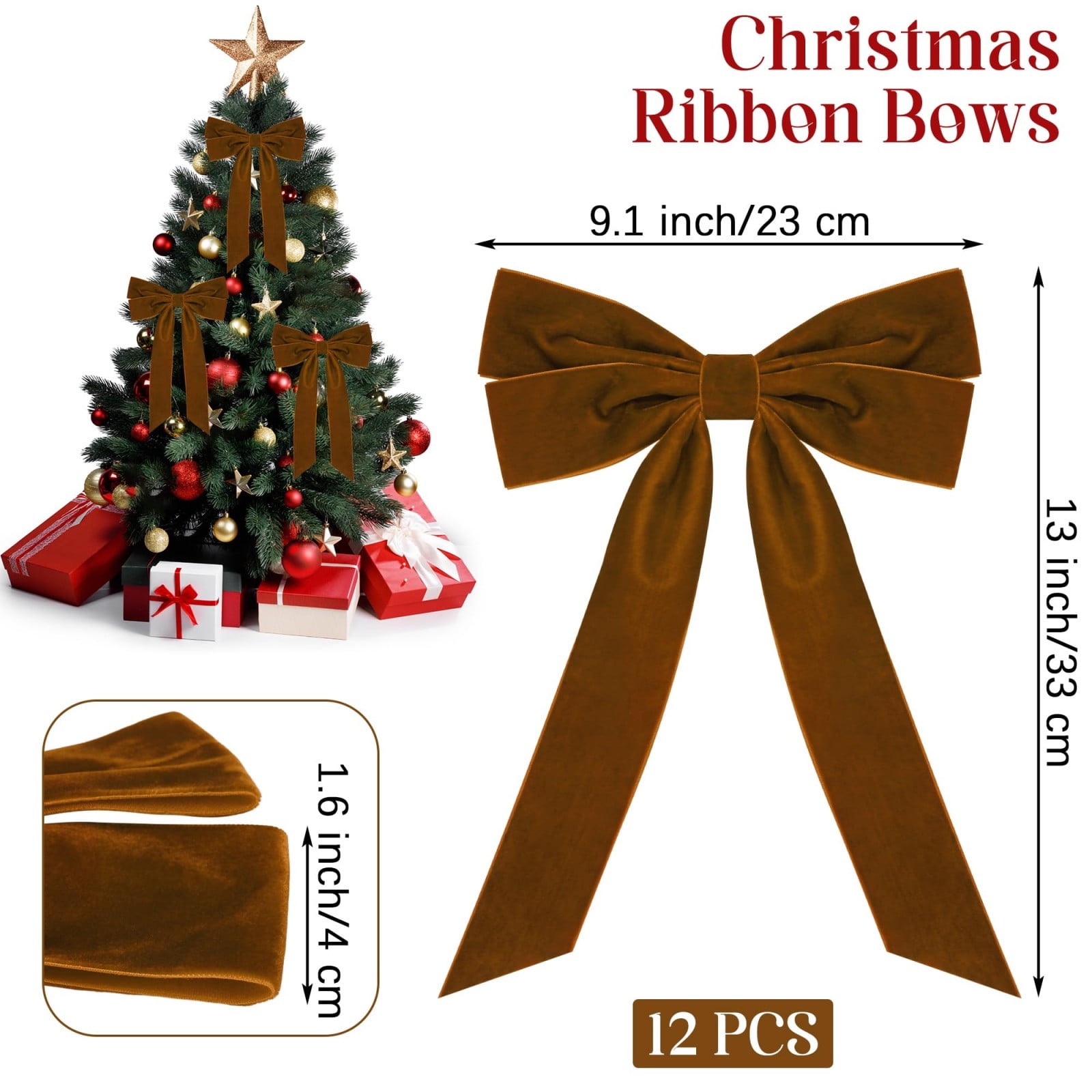 Hzgobj Velvet Christmas Tree Bow Decorations, Luxurious Ribbon Ornaments for Wreaths and Gift Wrapping (Brown, 12-Pack) vnmpd