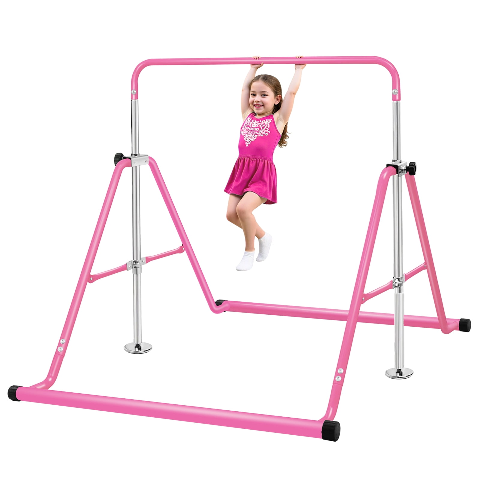 Primy Gymnastics Bar for Kids, Height Adjustable Horizontal Training Bar, Foldable Home Exercise Equipment (Pink, 150 lb Capacity) zca0t