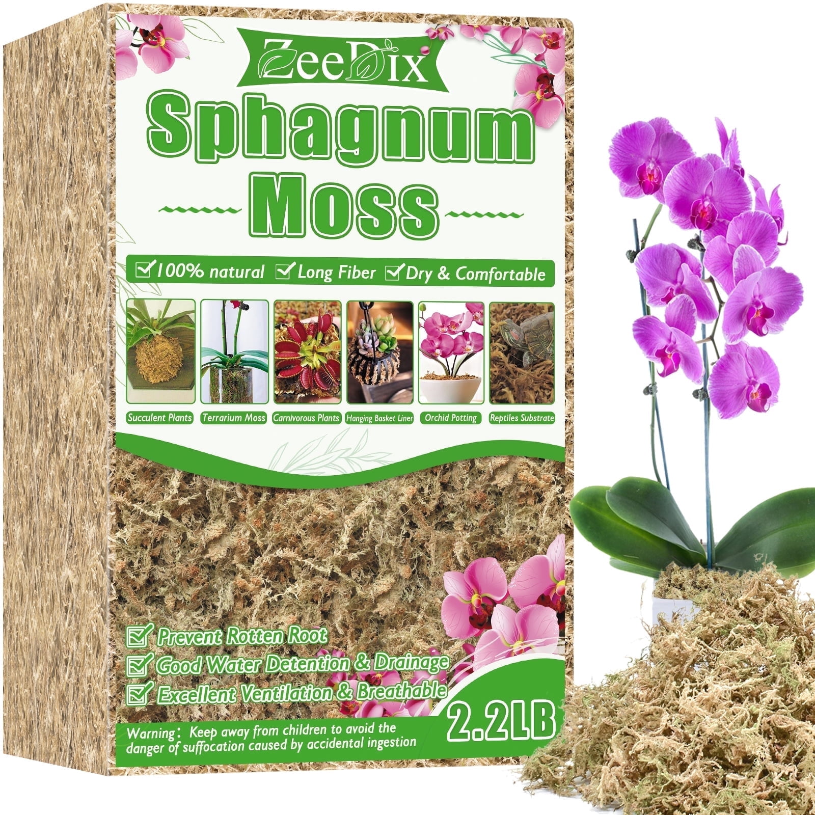 ZeeDix Premium Long-Fibered Sphagnum Moss for Orchids and Carnivorous Plants (Natural, 2.2 lb) 10omh