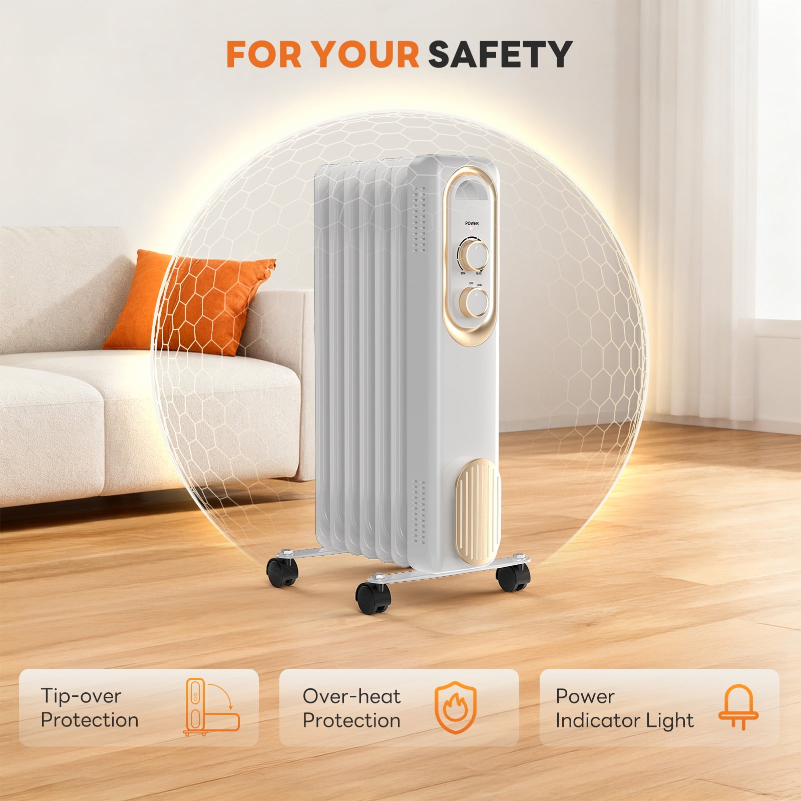 MCQ Oil Filled Radiator Heater, Portable Electric Space Heater with Adjustable Thermostat (White, 1500W) kmika