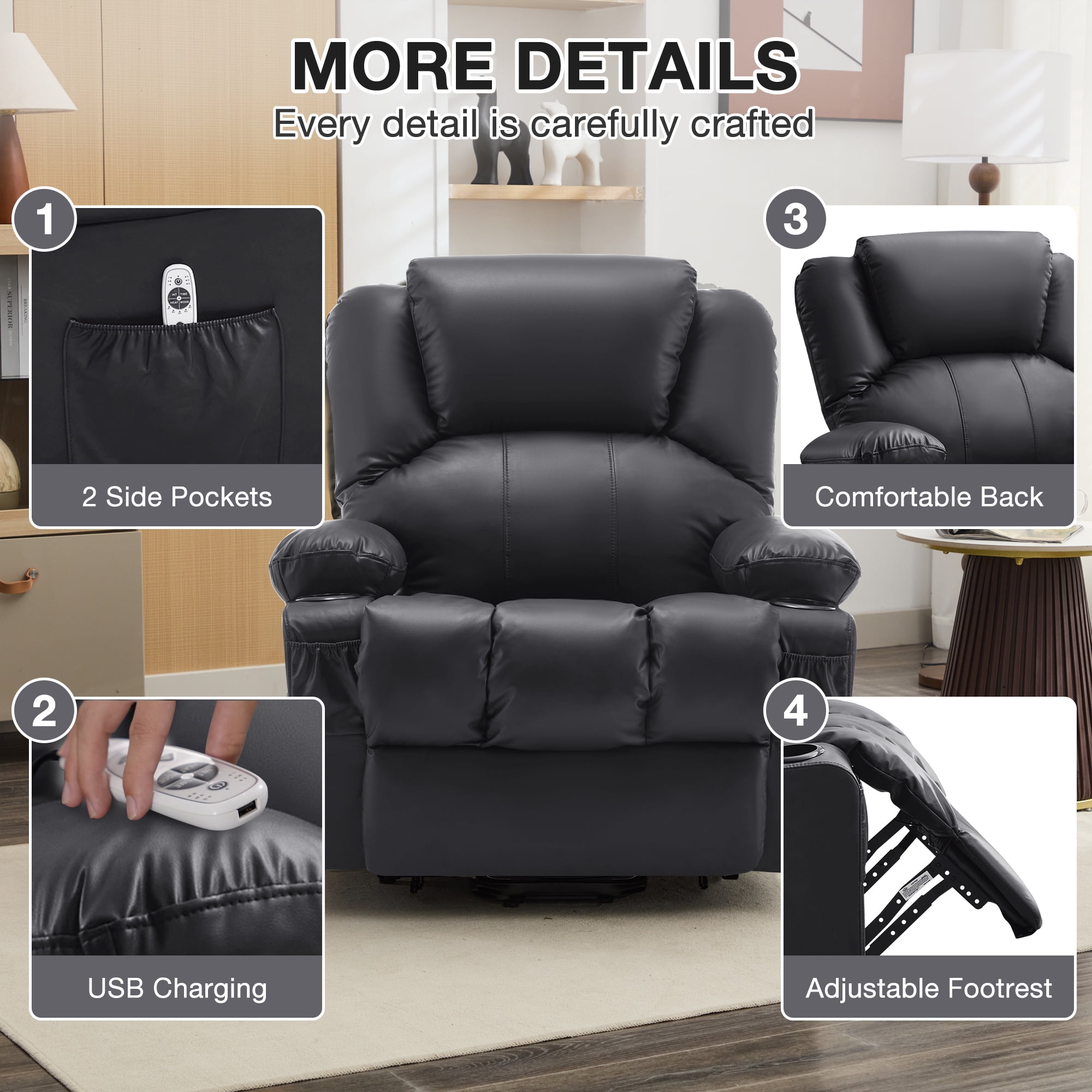 JONPONY Power Lift Recliner Chair with Heat and Massage, Infinite Position Electric Lounge Chair for Living Room (Black, 35.43 in W x 35.83 in D x 40.94 in H) 5oct4