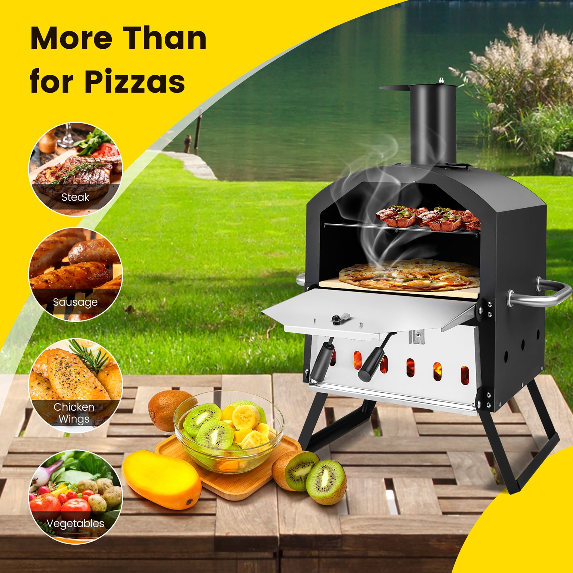 Costway 2-Layer Wood Fired Pizza Oven Outdoor Grill with Waterproof Cover (12 in x 12 in) m0tke
